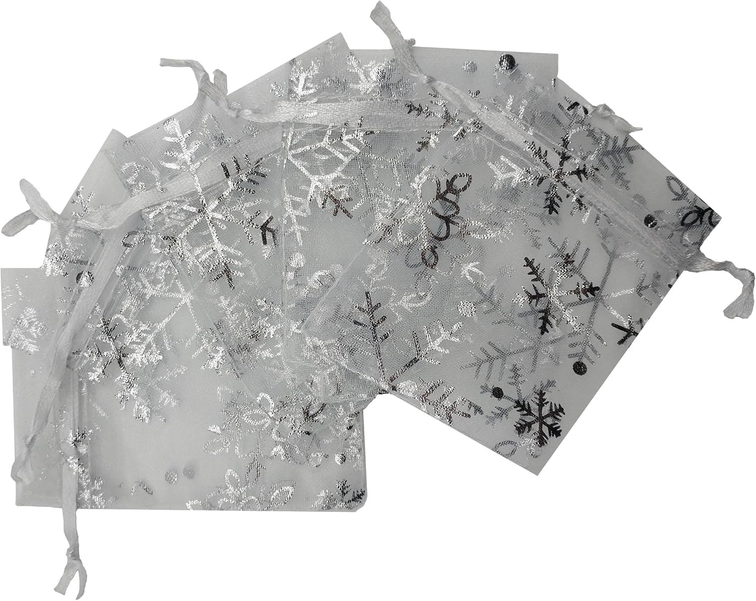 Ankirol 100pcs Mini Organza Favor Bags 2.8x3.6'' Jewelry Candy Gift Bags Samples Display Money Organizer Little Things Drawstring Pouches Snowflake With Silver Print (white)