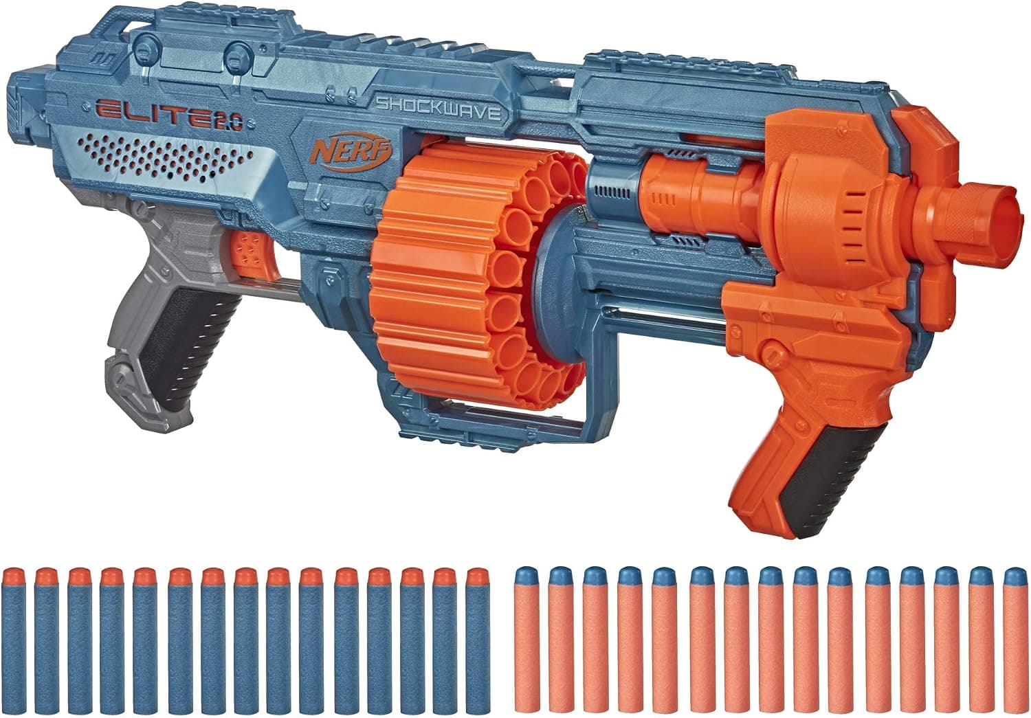 Nerf Elite 2.0 Shockwave RD-15 Dart Blaster, 30 Nerf Elite Darts, 15-Dart Rotating Drum, Kids Outdoor Toys for 8 Year Old Boys & Girls and Up