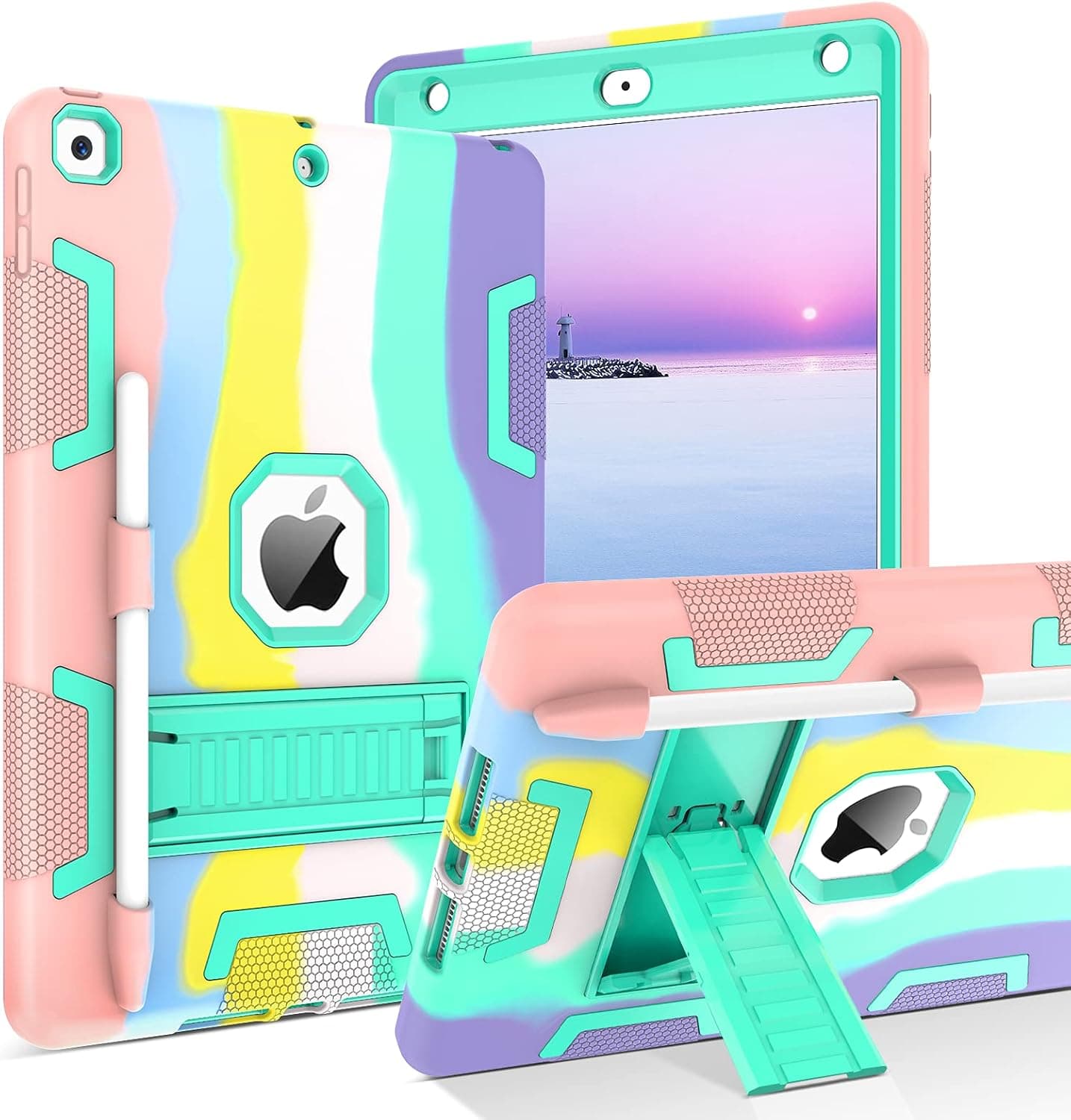 BENTOBEN iPad 9th Generation Case, iPad 8th Generation Case, iPad 7th Gen Case,iPad 10.2 Case,3 in 1 Heavy Duty Rugged Shockproof Kickstand Hybrid Bumper Protective Girl Women Boy Cover,Rainbow Design