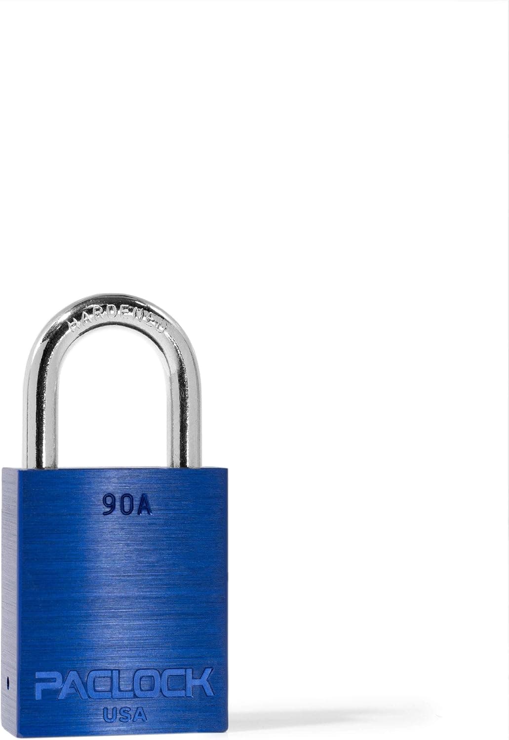PACLOCK's 90A Series Padlock, Buy American Act Compliant, 1-3/16" Tall Hardened Steel Shackle, High Security 6-Pin Cylinder, Keyed Differently w/ 2 Keys, Blue Anod. Alum.