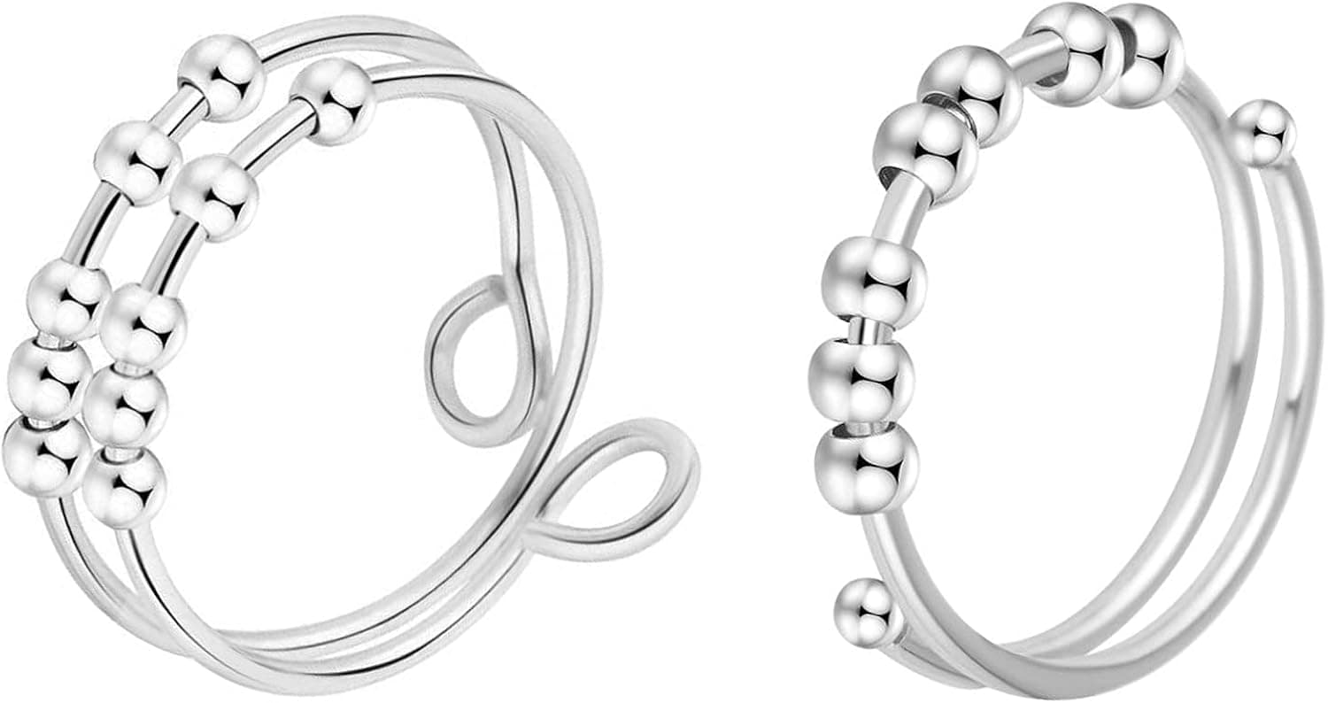 SERYNOW Fidget Ring Double Layer Anxiety Rings for Women Adjustable Worry Rings Beads Stress Relief Ring Fidget Spinner Rings for Girls Men