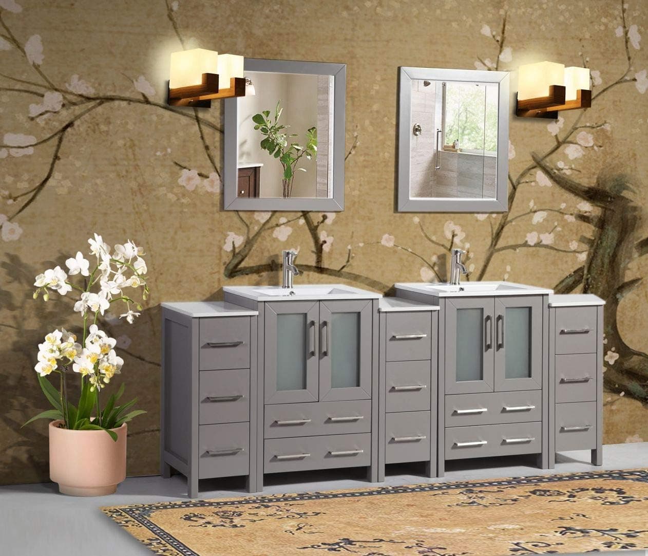 Vanity Art 84 Inch Double Sink Bathroom Vanity Combo Set 3 Side Cabinets 2 Shelves 13 Dove-Tailed Drawers Ceramic Top Bathroom Cabinet with Free Mirror VA3024-84-G