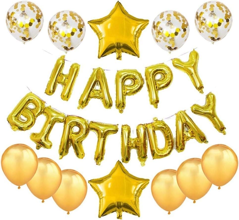 Haimimall Happy Birthday Balloon Gold 13pcs Letters Balloons 2pcs Giant Star Foil Balloons 4pcs Confetti Balloons 8pcs Latex Balloons Birthday Party Banner Gold