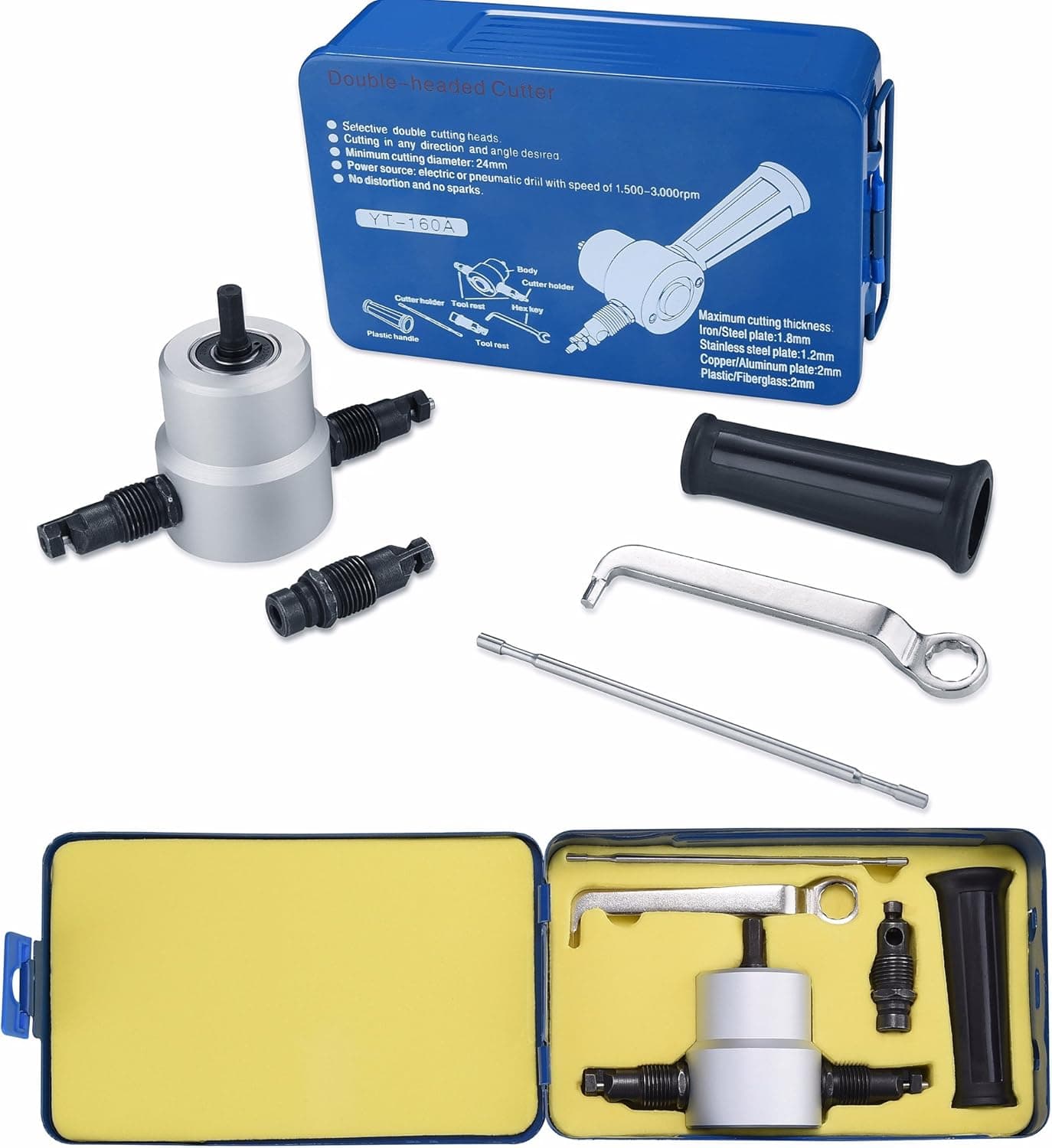 AMENVTOOL Double Head Sheet Metal Nibbler Cutter Nibbler Tool Drill Set with Wrench and Parts Workshop Tool