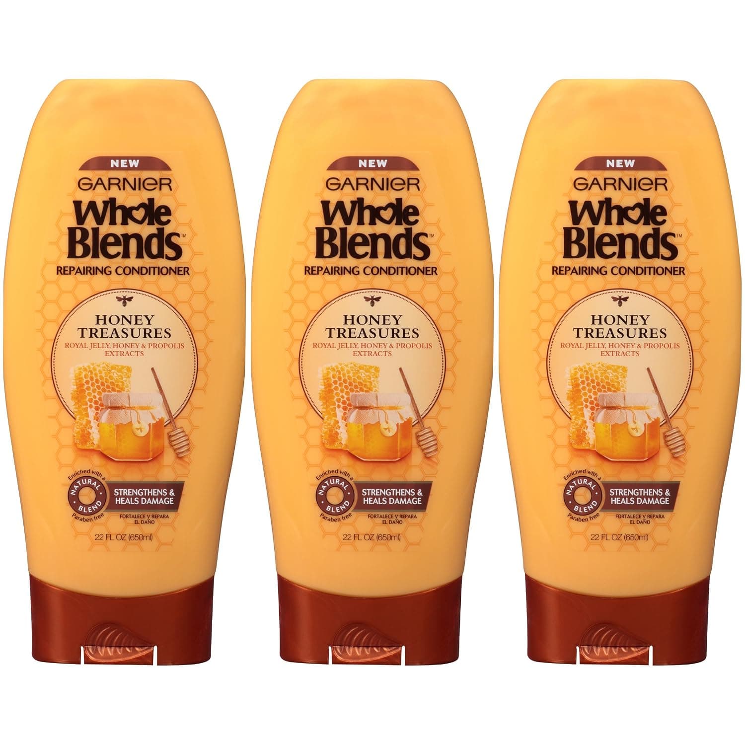 Garnier Hair Care Whole Blends Repairing Conditioner Honey Treasures for Damaged Hair, 22 Fl Oz (Pack of 3)