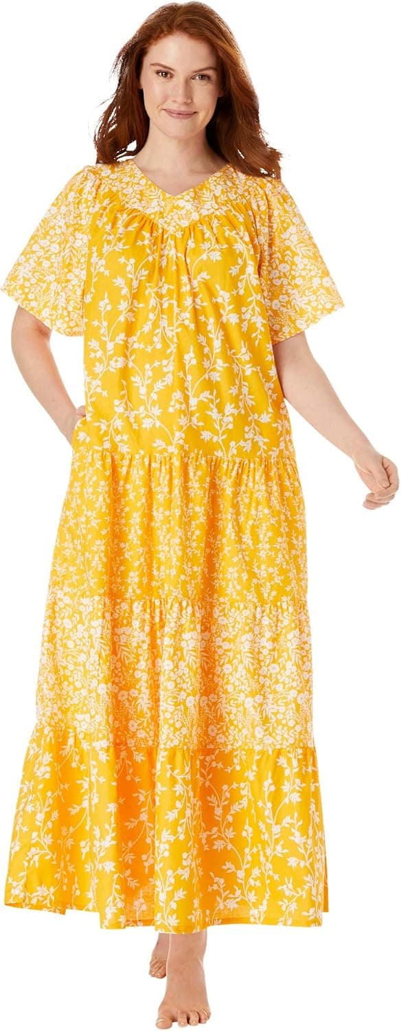 Only Necessities Women's Plus Size Long Tiered Print Lounger House Dress or Nightgown - 1X, Bright Gold Floral Yellow