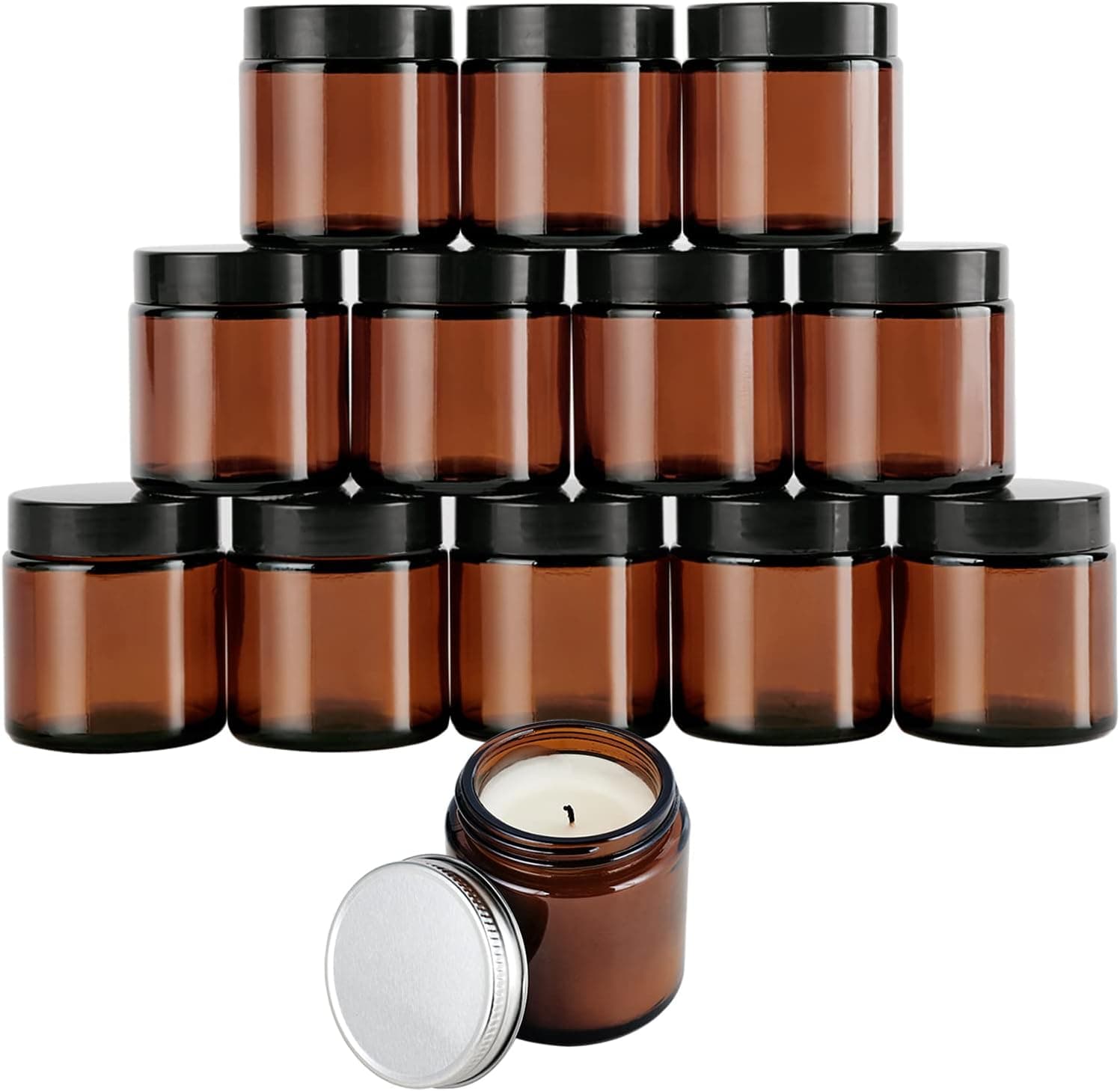 12 Pack, 4oz Amber Round Glass Jars with 24 Lids, Empty Cosmetic Containers with Inner Liners, 12 Black Lids & 12 Silver Metal Lids for Beauty Products, Cosmetic, Lotion, Ointments, DIY
