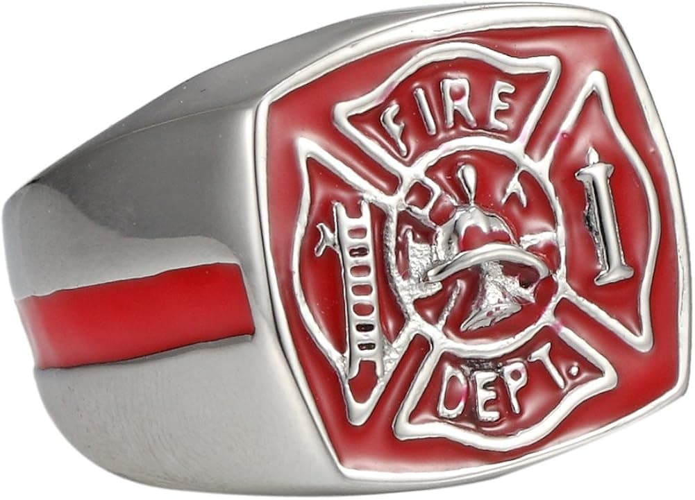 Mens Firefighter Fire Department FD Red Enamel Stainless Steel Ring
