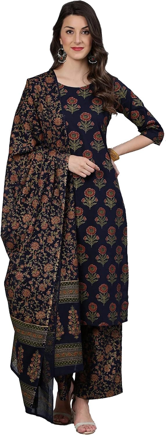 Arayna Women's Floral Printed Pure Cotton Kurti Palazzo Pants Set with Dupatta
