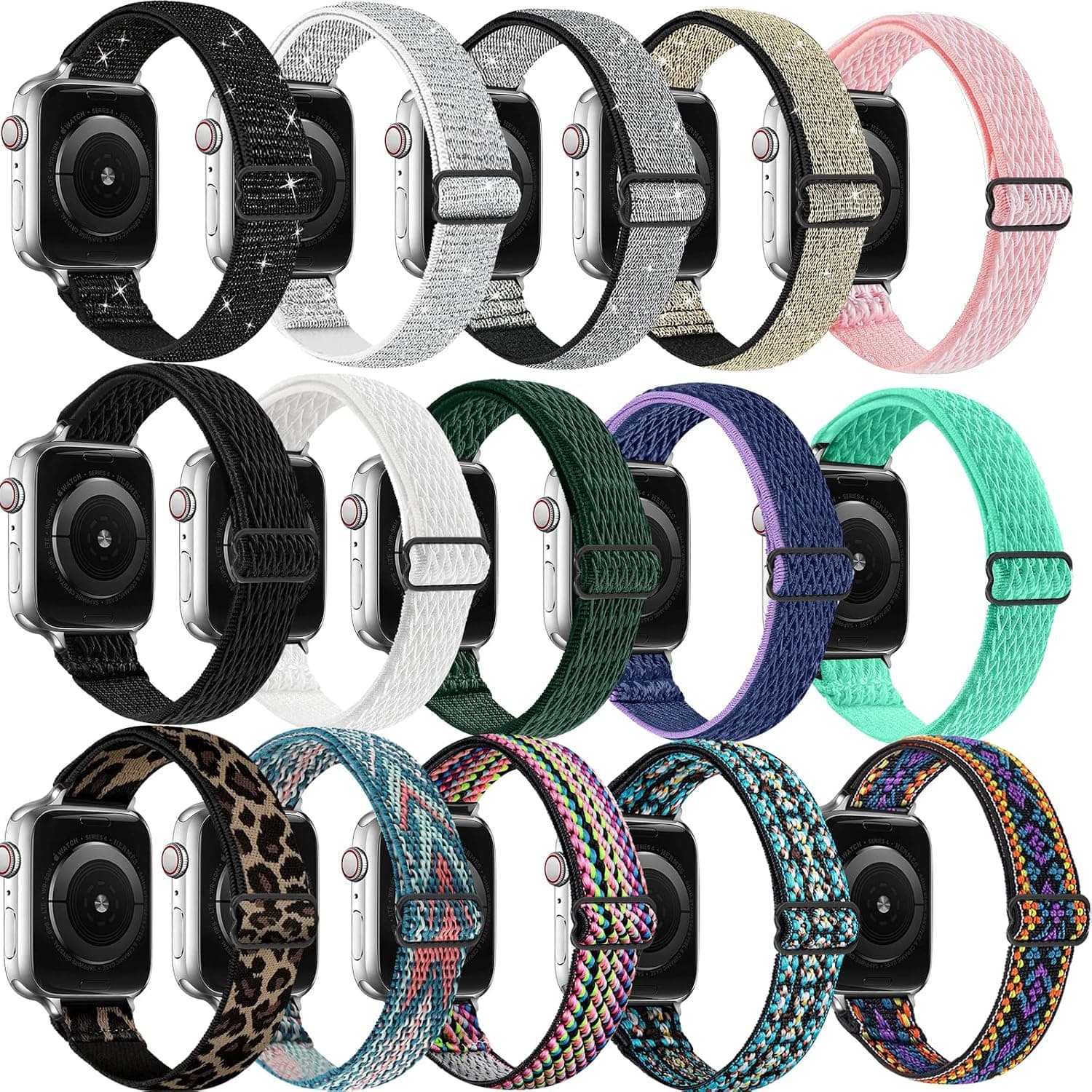[15 Packs] Osber Stretchy Nylon Solo Loop Bands Compatible with Apple Watch 42mm 44mm 45mm, Adjustable Braided Sport Elastic Wristbands Women Men Straps for iWatch Series 7/6/5/4/3/2/1/SE