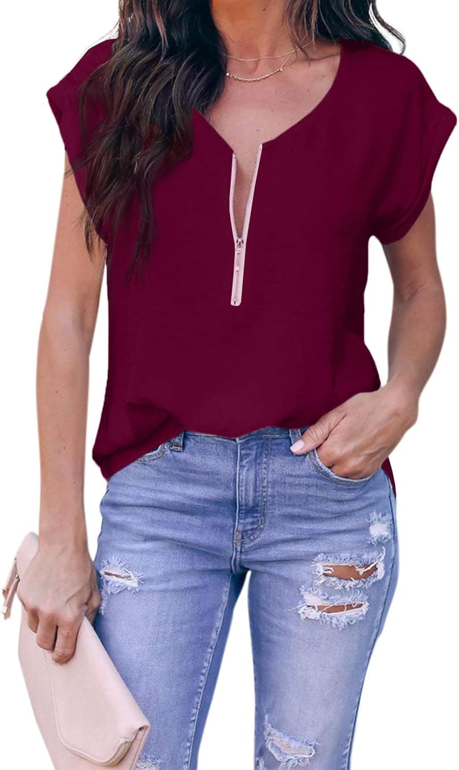 ZKESS Womens Summer Casual Short Sleeve V Neck Half Zipper Up Tunic Tops for Womens Blouse Tshirts Red XX-Large Size