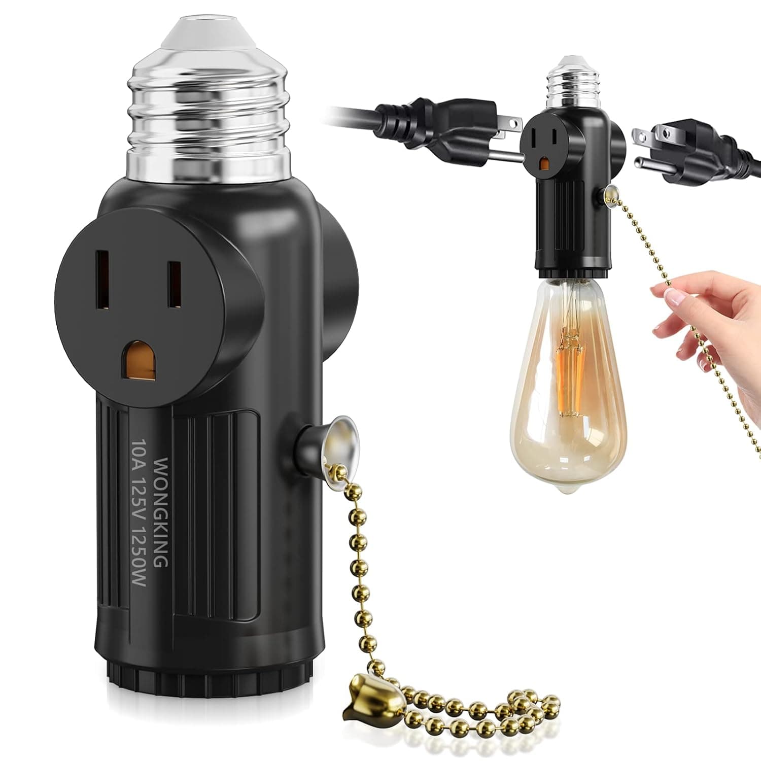 Wongking Light Socket to Plug Adapter, 3 Prong Light Bulb Outlet Socket Adapter with Pull Chain, E26 Light Socket Outlet Extender, Heat Resistant Light Bulb Plug Adapter for Garage, Patio, 1 Pcs Black