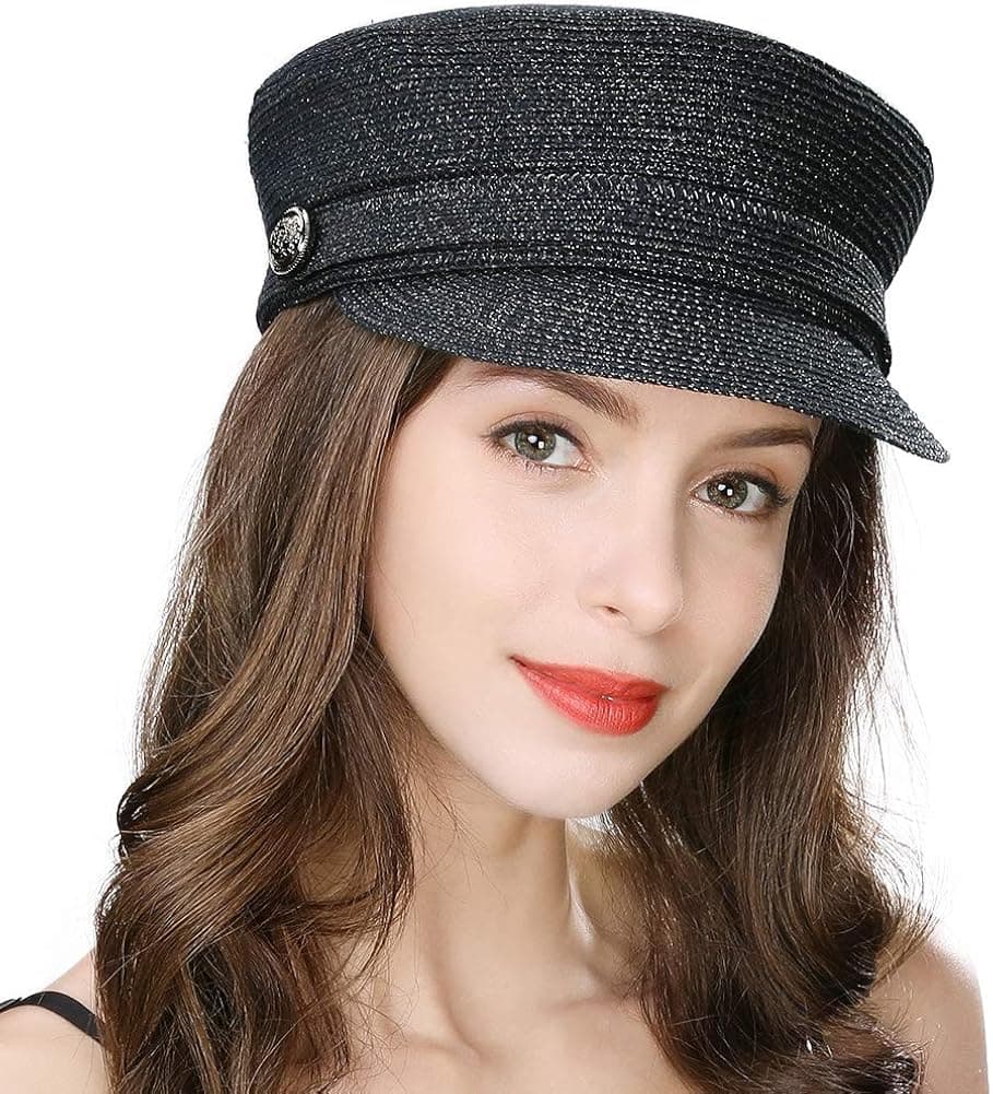 Jeff & Aimy Ladies Lightweight Straw Visor Beret Newsboy Baker Boy Beach Sun Hat Stylish Cap Navy Blue