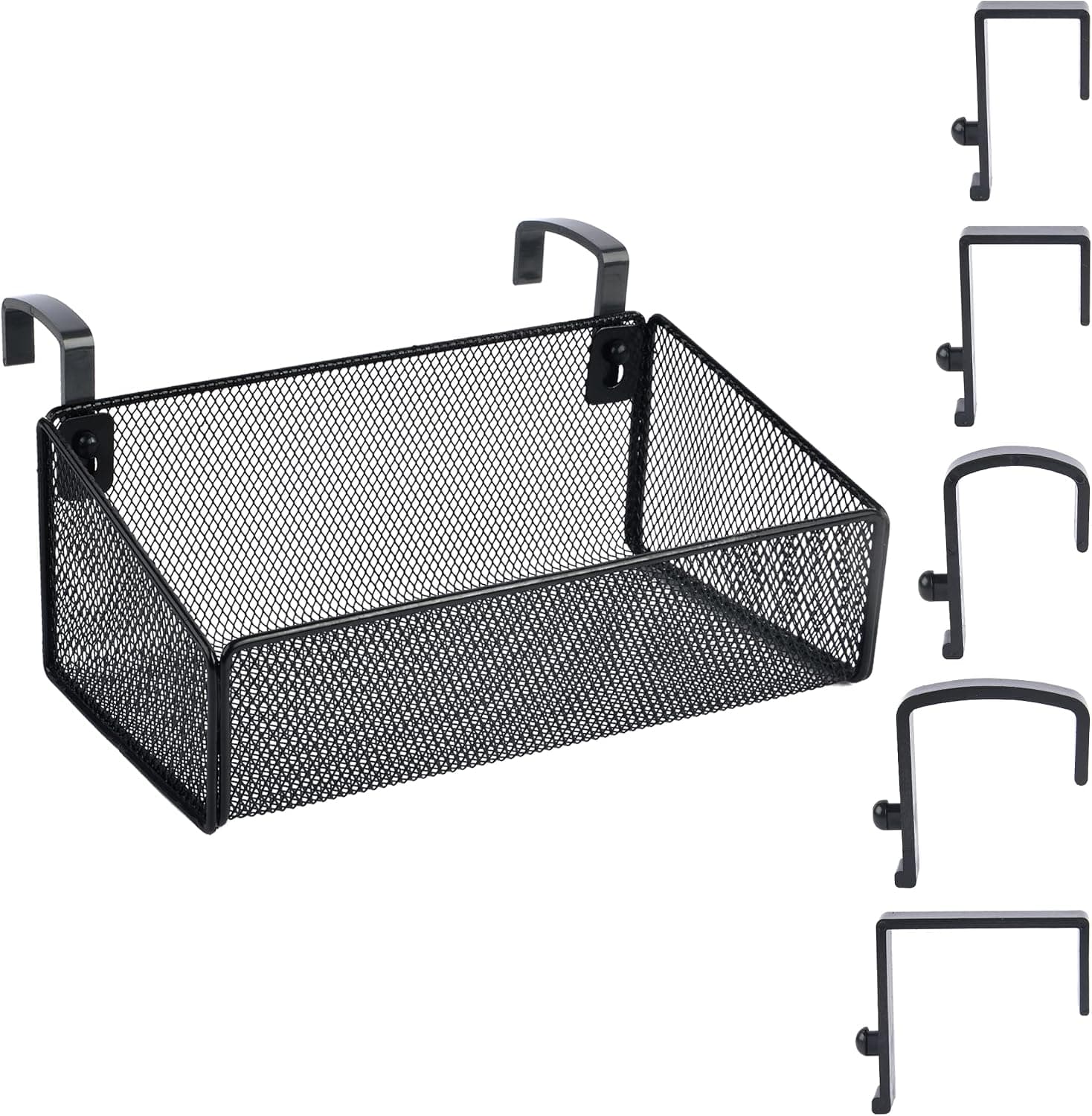 Bedside Shelf for Bed & Bunk Bed Storage Basket Office Cubical Wall Hanging Organizer - 5 Different Size Hooks - College Dorm Home Office Essentials for Phone,Book,Drink,Tissue (Black)