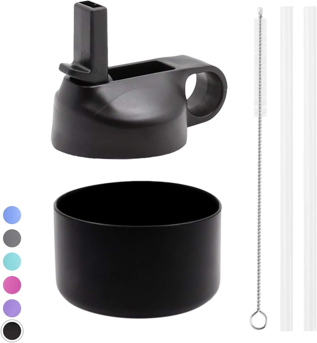 Effeltch Insulated Wide Mouth Straw Lid for Hydro Flask & BPA Free Protective Silicone Flex Boot|Fits 32-40oz Wide Mouth Water Bottles| Multiple Colors(2 Straws and 1 Straw Brush Included) (Black)