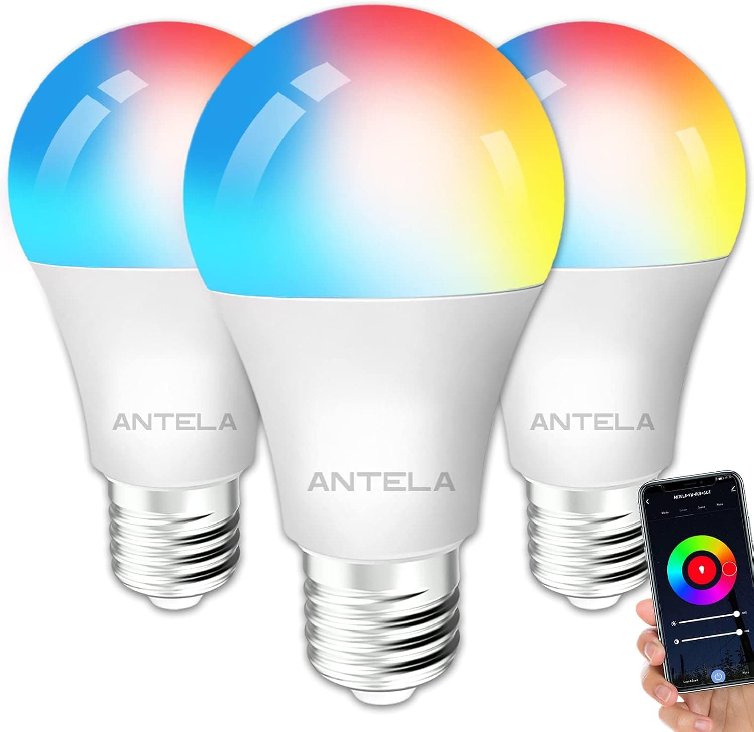 ANTELA Smart Light Bulb LED E26 Full Color Changing Dimmable Multicolor 2700K-6500K Compatible with Alexa and Google Home A19, 9W 800 Lumens, No Hub Required ,2.4Ghz only, 3Pack