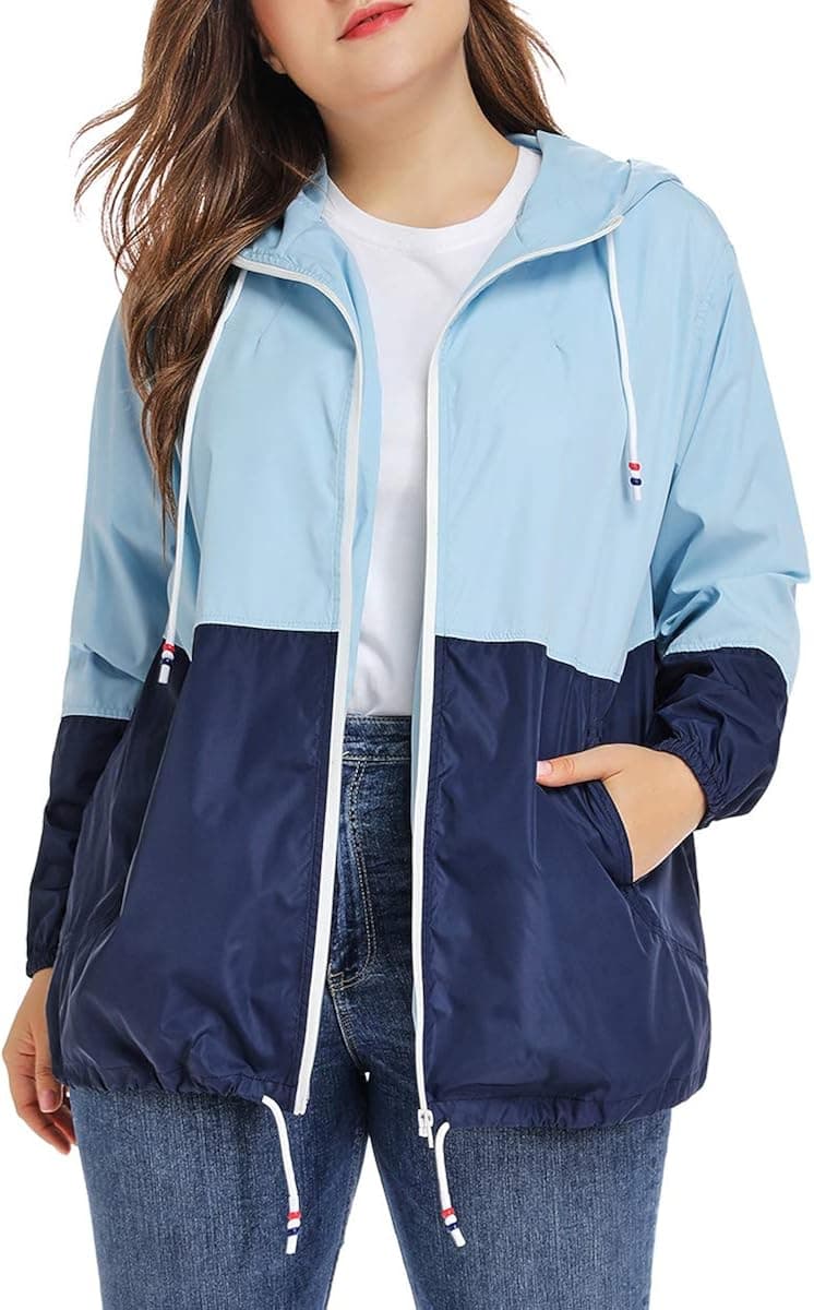 kacocob Women's Plus Size Rain Jacket Lightweight Hooded Rain Coat Windbreaker