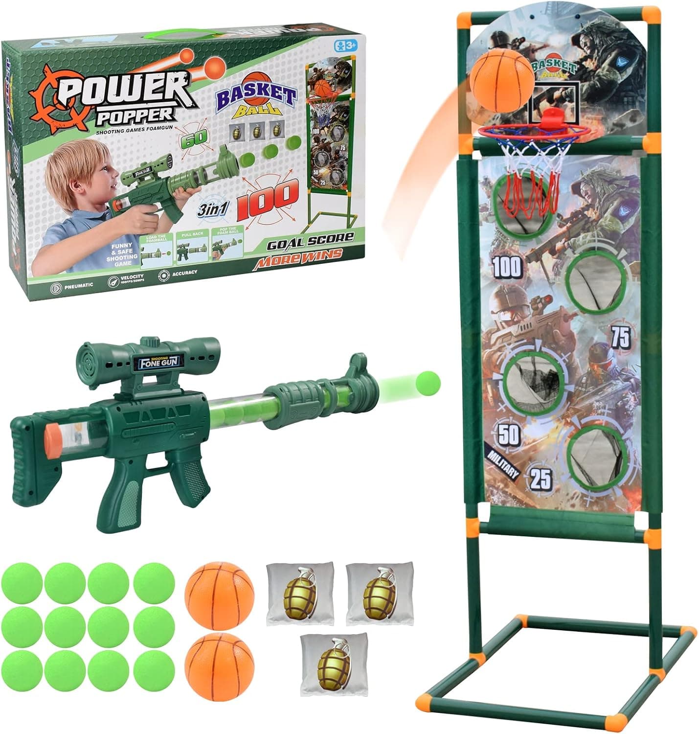 YYDeek Shooting Games for Kids 8-12, Air Powered Toy Guns for Boys, Includes 1 Toy Gun, 2 Basketballs, 3 Bean Bags, 12 Foam Balls, Indoor and Outdoor Games, Gift Toys for 5 6 7 8 Year Old Boys Girls