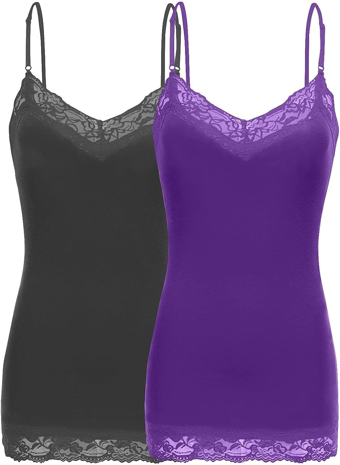 Simlu Lace Camis Cotton Camisole Cami Tank Top Lace Layering Tank Top for Women 301-2 Pk Dk. Grey/Dk. Purple Medium