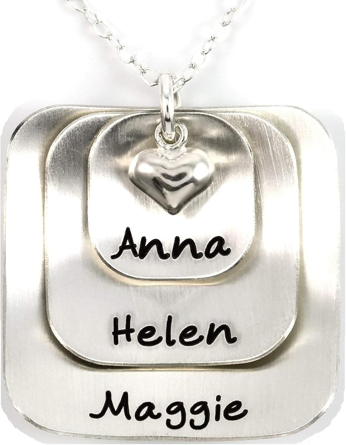 Square Lucky Three Sterling Silver Personalized Necklace Comes with 3 Customizable Charms and a Sterling Silver Heart Charm. Your Choice Of 925 Chain. Gifts for Her, Mother, Grandmother, Wife