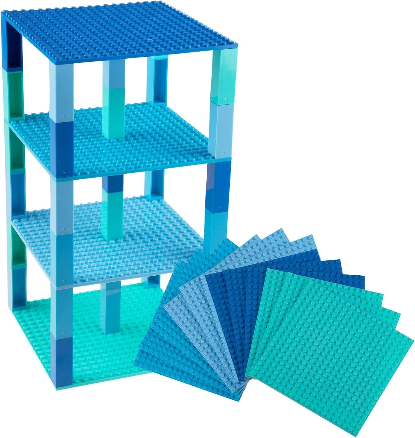 Strictly Briks Classic Stackable Baseplates 6" x 6" Brik Tower 100% Compatible with All Major Brands | Building Bricks for Towers & More | 12 Base Plates & 120 Stackers in 12 Blue Colors