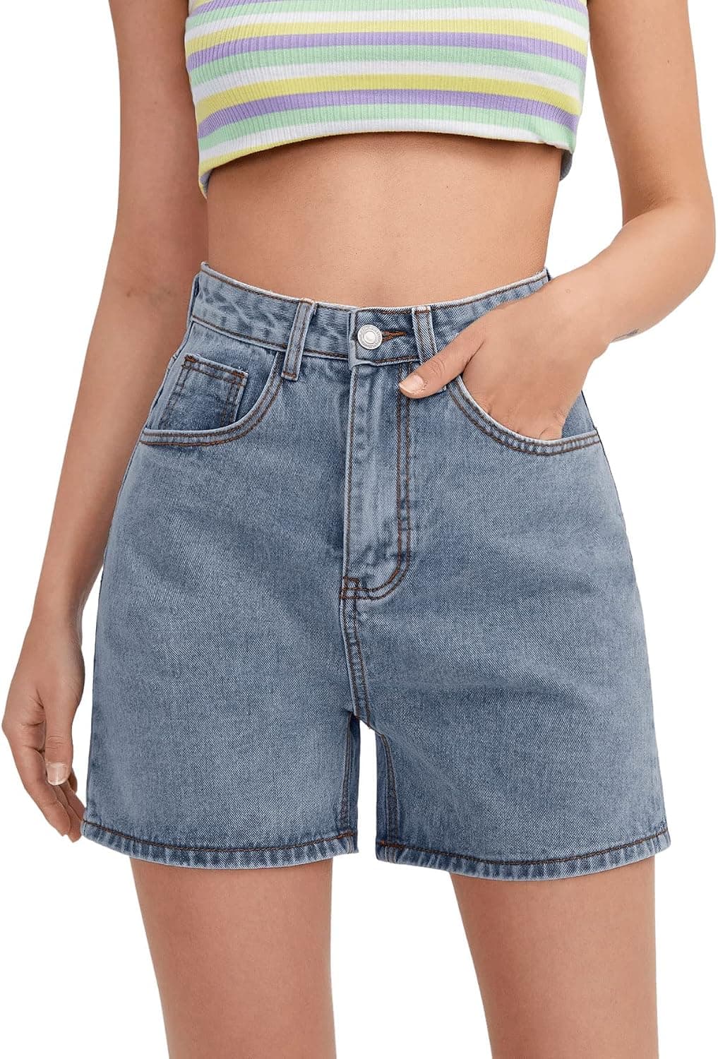 SweatyRocks Women's High Waist Straight Leg Denim Shorts Solid Jean Shorts Summer Hot Pants with Pockets