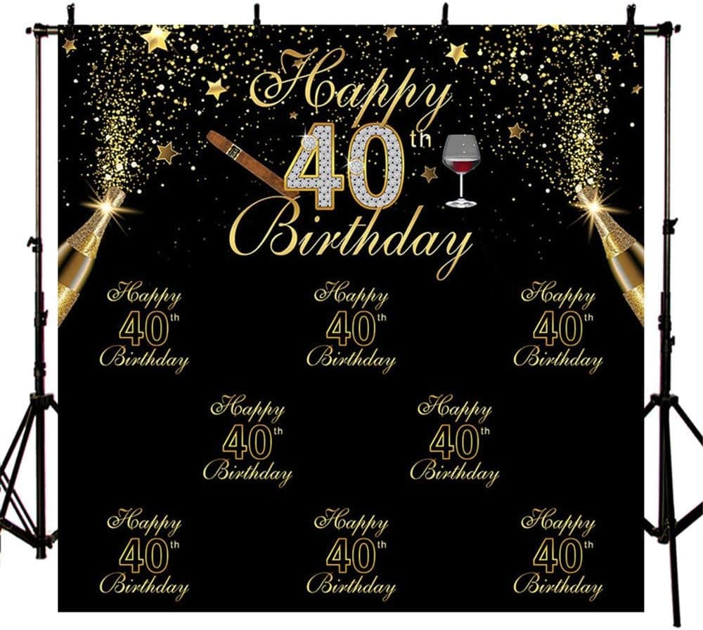 MEHOFOTO Black Photo Background Shining Gold Stars Champagne Cigar Man 40th Happy Birthday Party Banner Backdrops for Photography 8x8ft