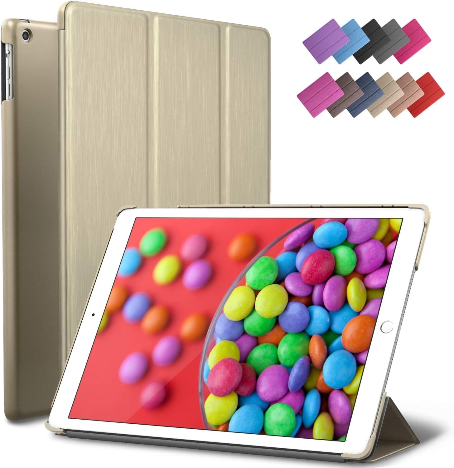 iPad Air Case, ROARTZ Metallic Gold Slim Fit Smart Rubber Coated Folio Case Hard Shell Cover Light-Weight Auto Wake/Sleep for Apple iPad Air 1st Generation Model A1474/A1475/A1476 Retina Display