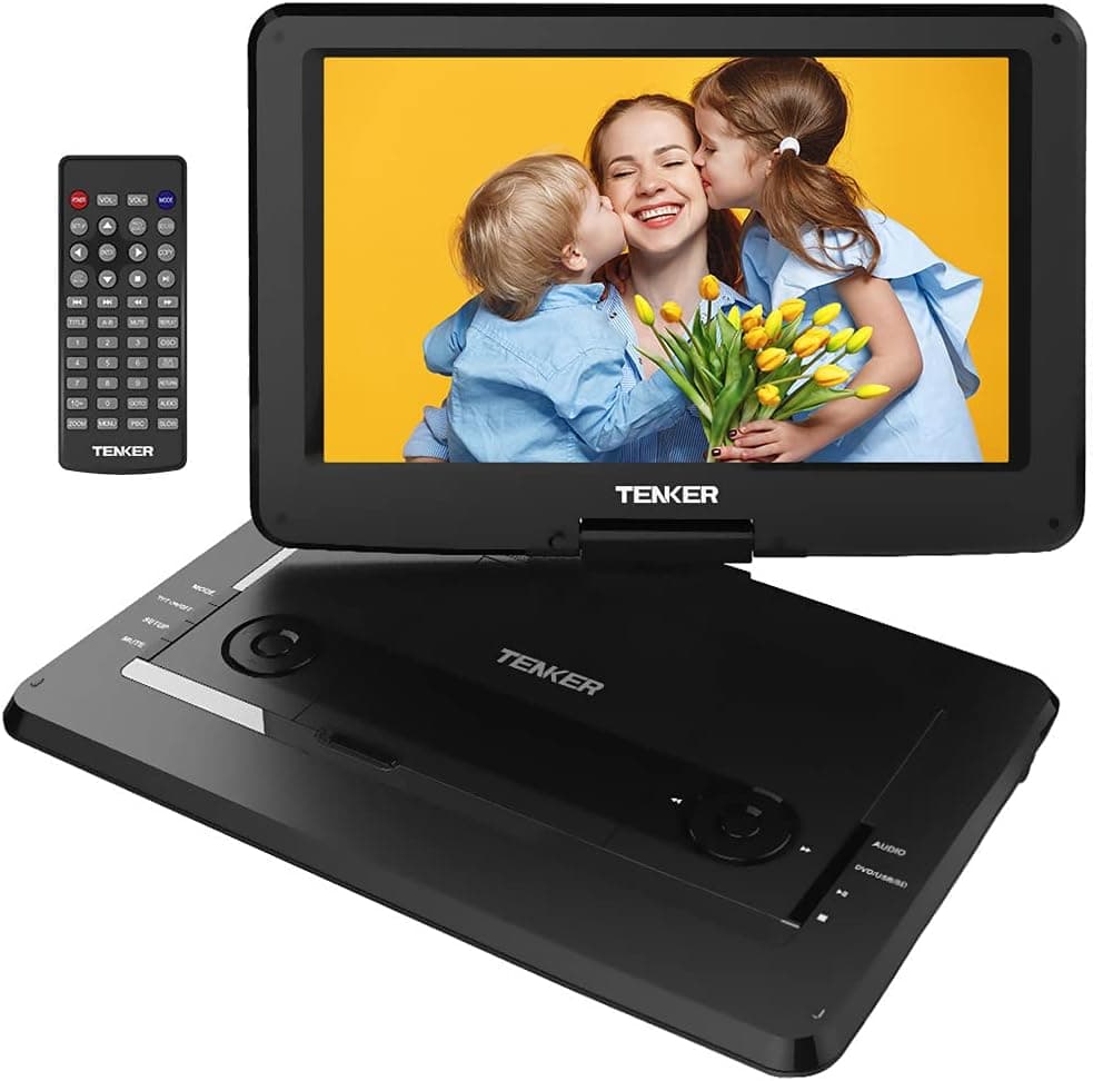 TENKER 17.9" Portable DVD Player with 15.6” Swivel Screen, 4 Hours Rechargeable Battery with SD Card Slot and USB Port, with 1.8M Car Charger, Black