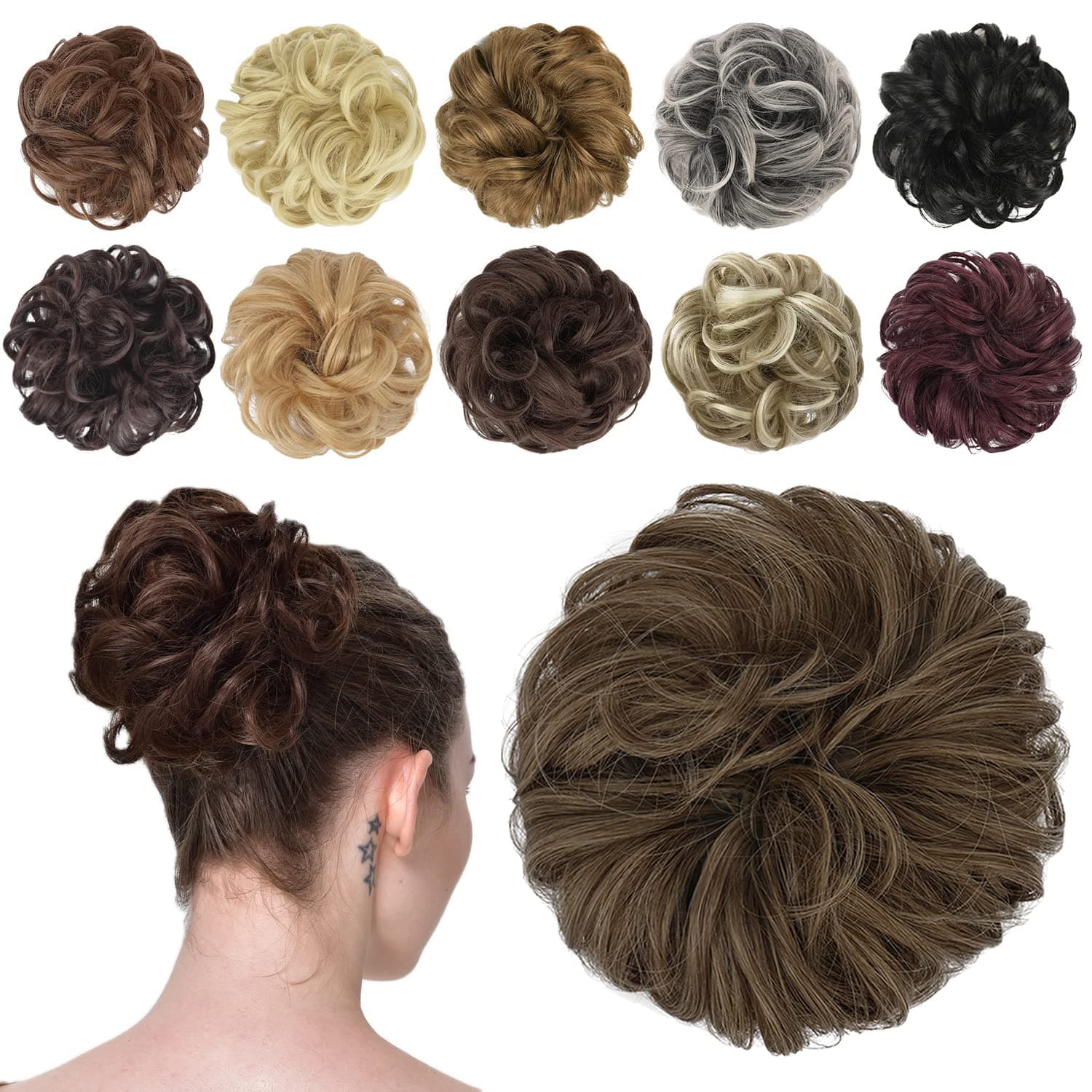 FESHFEN Messy Bun Hair Piece Hair Bun Scrunchies Dirty Brown Synthetic Wavy Chignon Ponytail Hair Extensions Thick Updo Hairpieces for Women Girls 1PCS