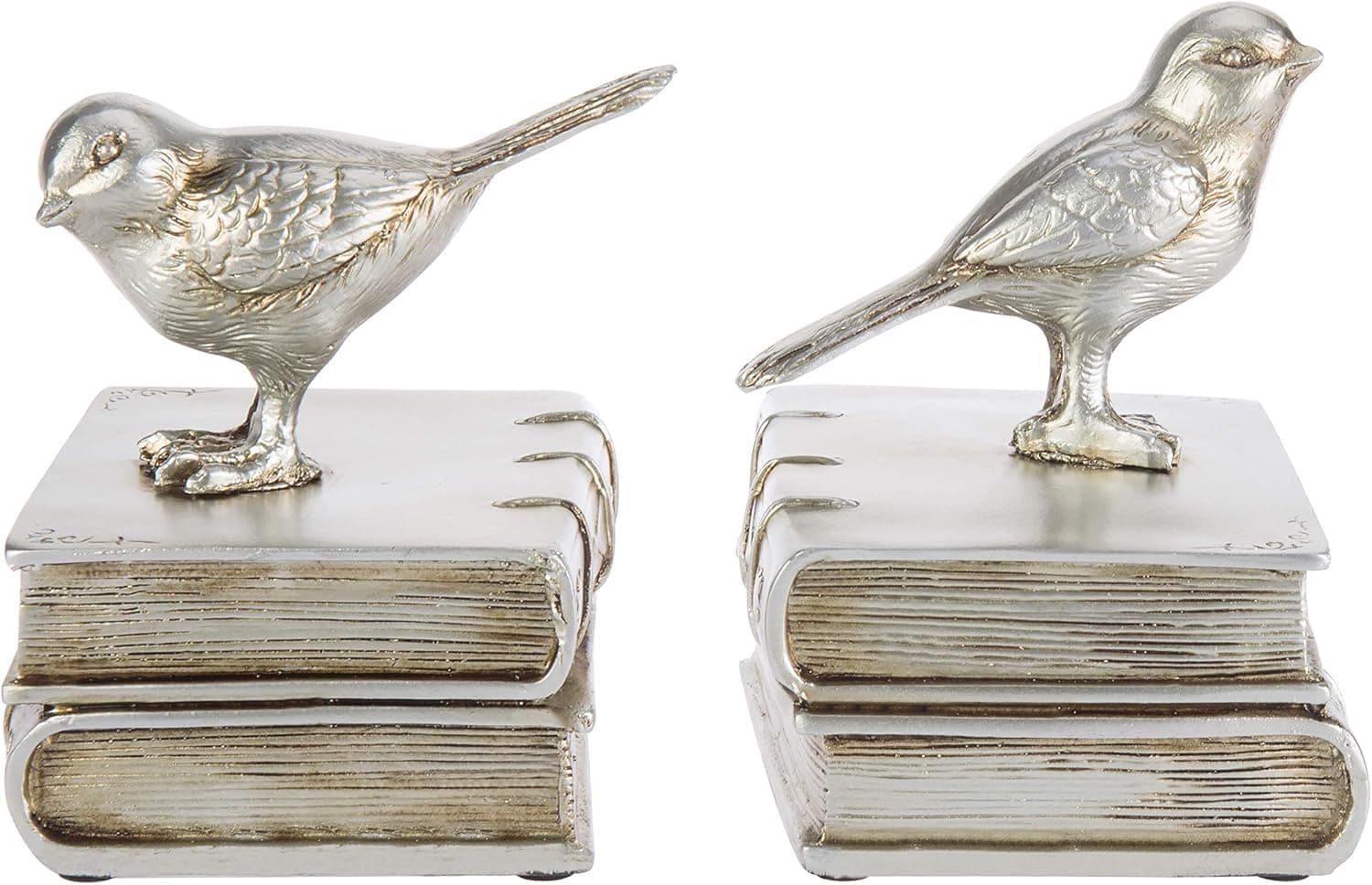 MyGift Vintage Silver Painted Resin Decorative Bookends with Sculptured Bird and Book Design, Office Shelf Home Decor, 1 Pair