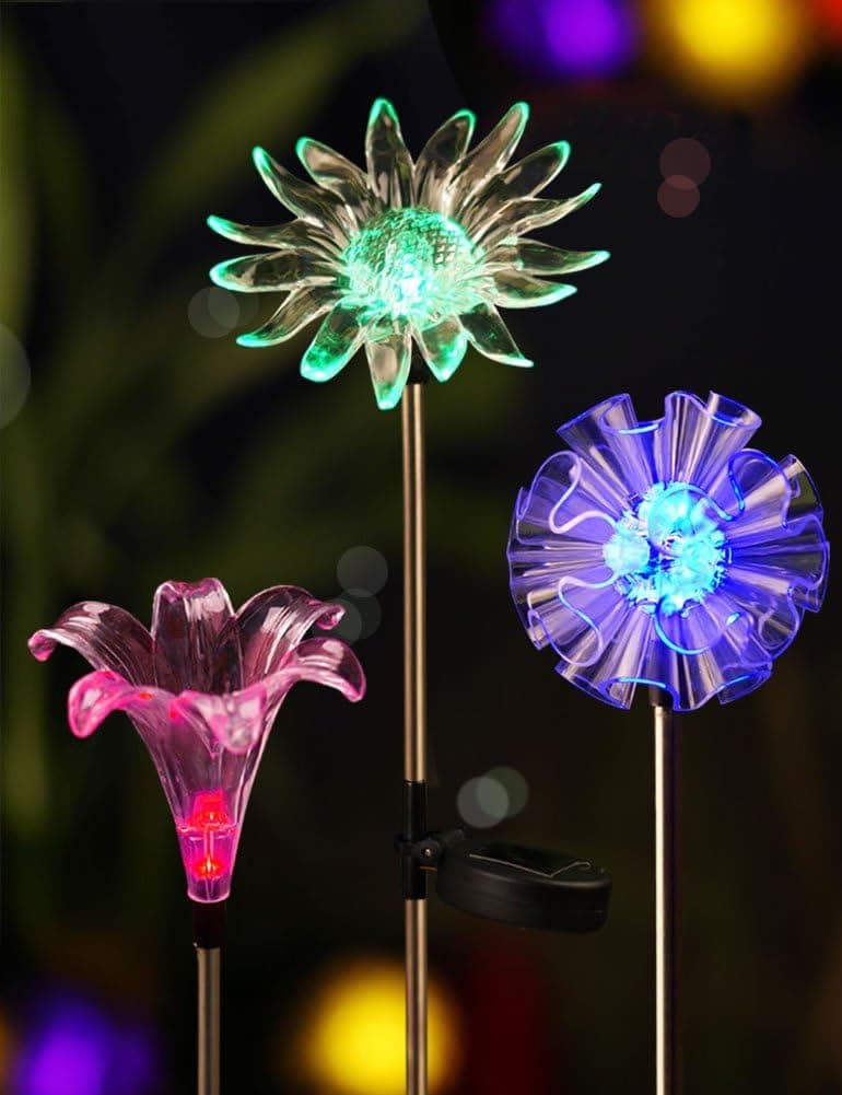 BRIGHT ZEAL Set of 3 LED Solar Garden Stake Lights with Vivid Life-Size Figurines (DANDELION, LILY, SUNFLOWER) - Color Changing Solar Lights Outdoor - Solar Garden Lights