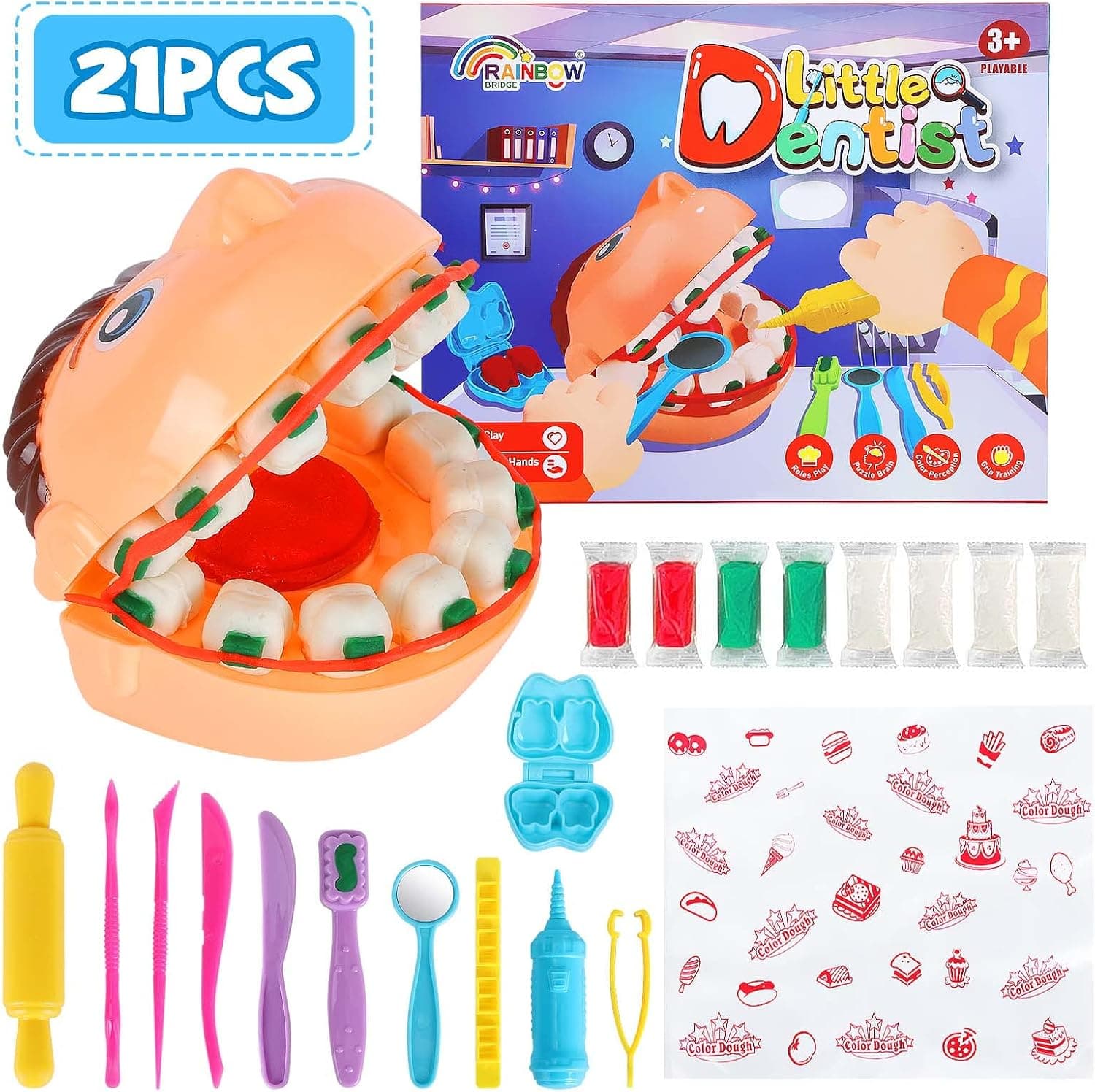 Playdough Set for Kids, 21 PCS Dentist Kit for Kids Playdough Pretent Toys with 8 Play Dough for Toddlers Boys Girls 3 4 5 6 7 8 Years Old(White)