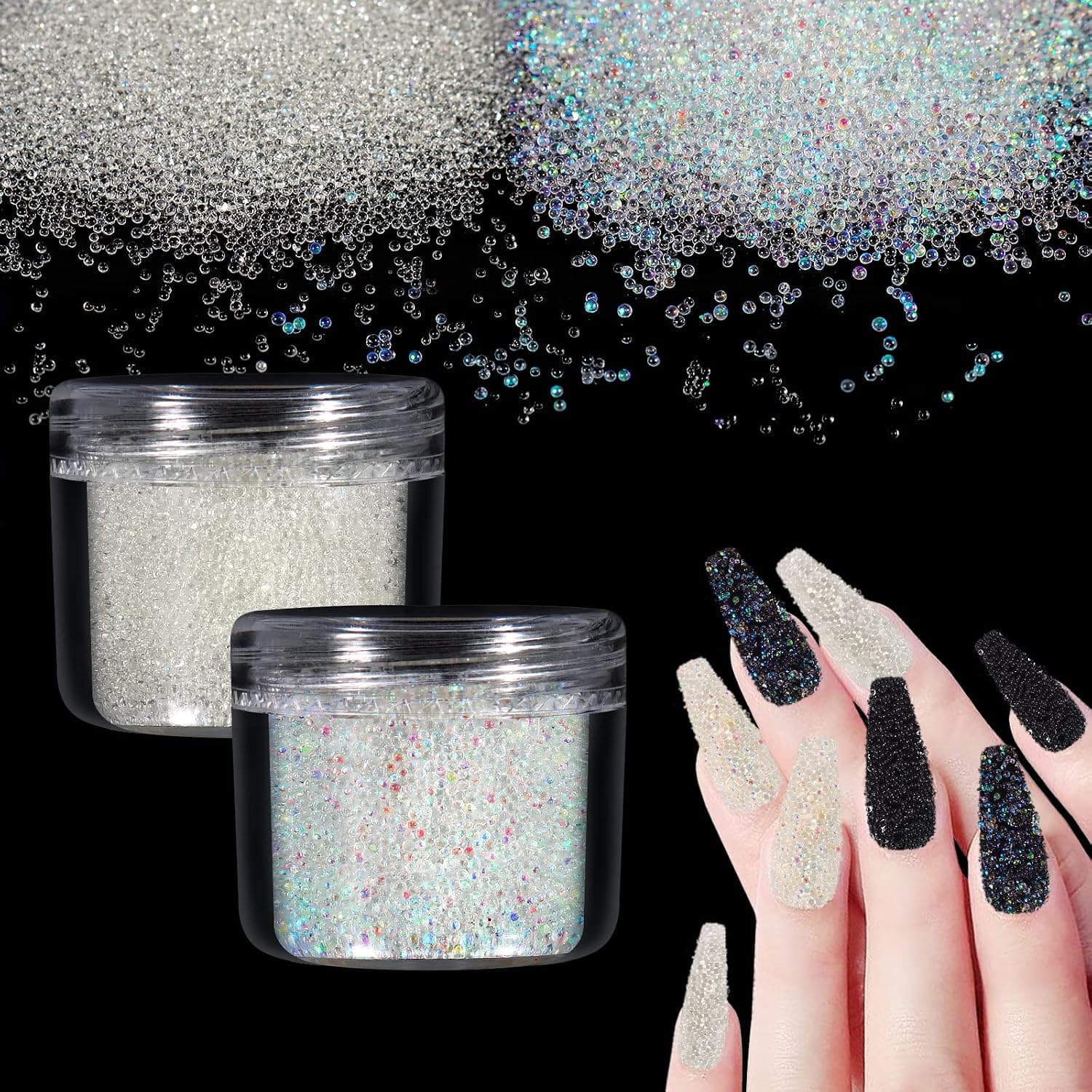 Laza 2 Colors Caviar Beads Nails Micro Pixie Beads 0.6-0.8mm Glass Bubble Beads Iridescent Water Droplets Bubble Beads Crystals Nail Beads for 3D Nail Art Decorations Nail Designs