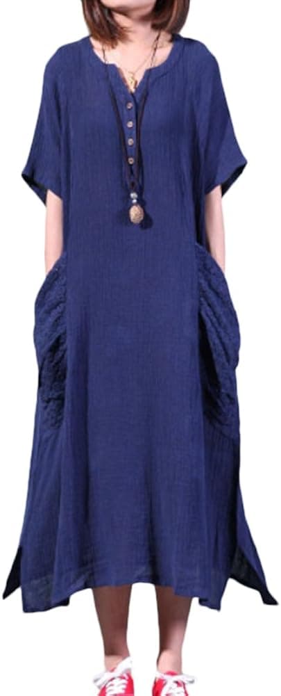 Minibee Women's Summer Cotton Linen Dress with Two Big Pockets Navy Blue-M