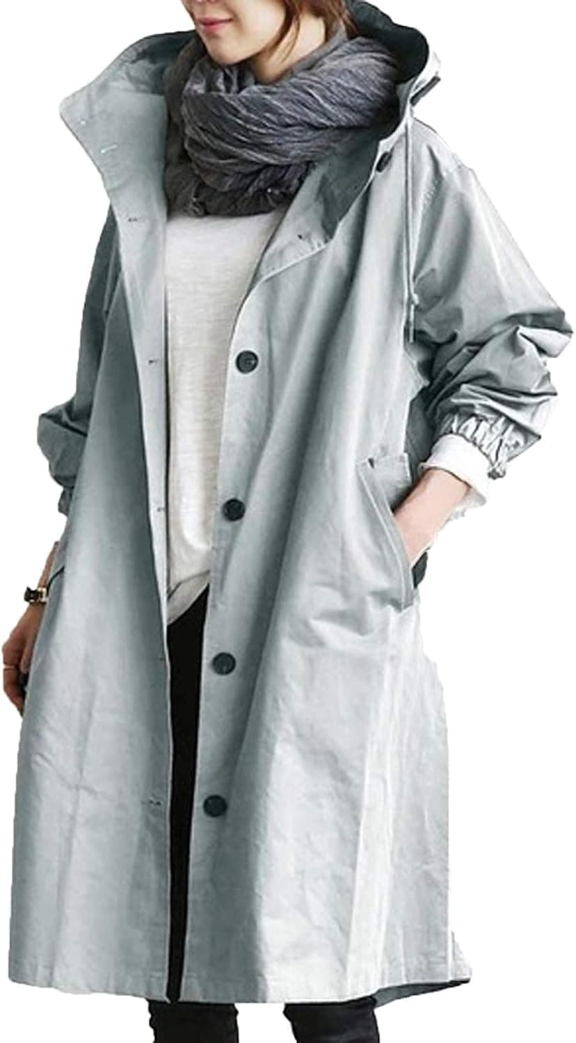 iQKA Women's Rain Jacket Autumn Winter Loose Hooded Trench Jackets Oversized Elegant Windbreaker Comfortable Coat Outwear