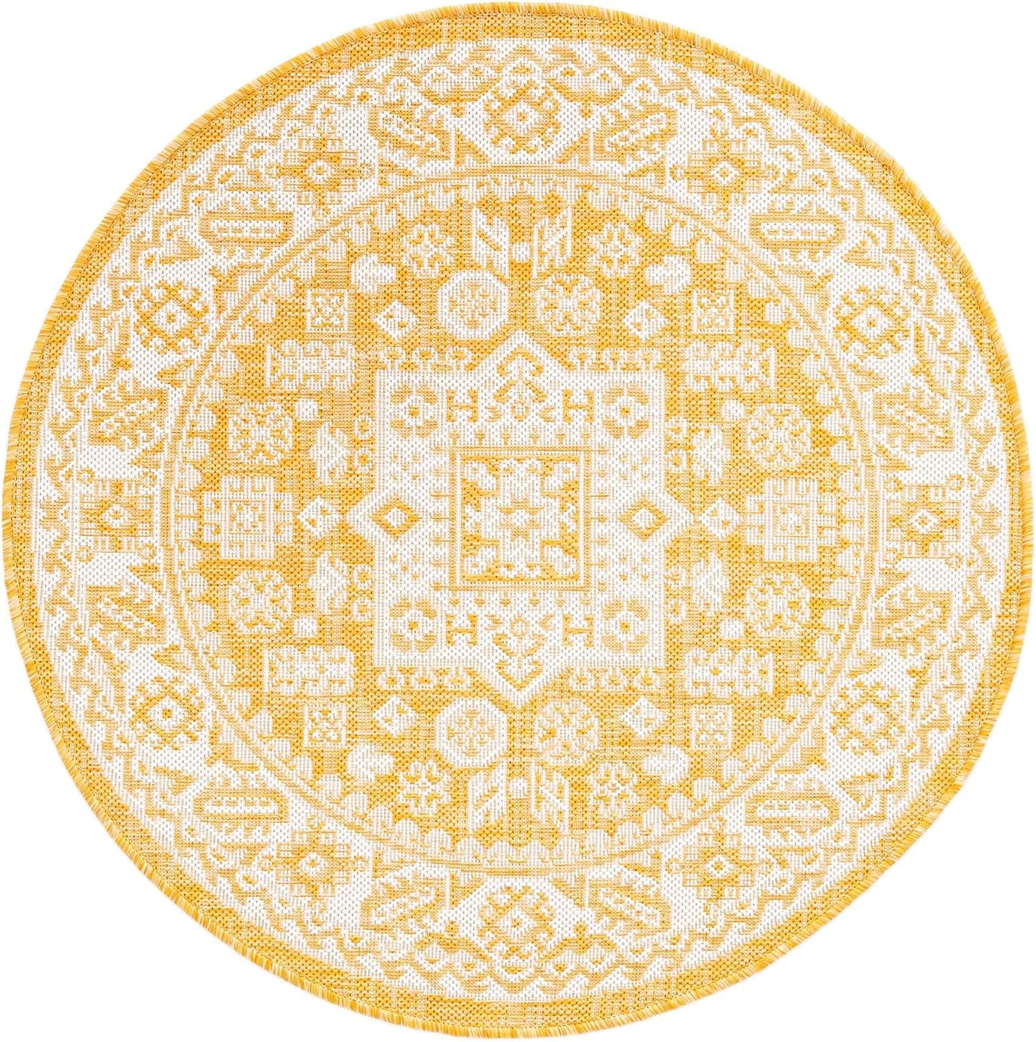 Rugs.com Outdoor Aztec Collection Rug – 3 Ft Round Yellow Flatweave Rug Perfect for Kitchens, Dining Rooms