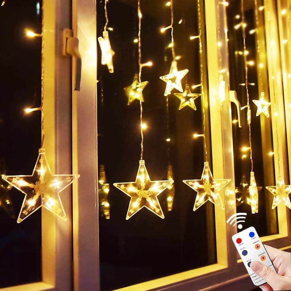 Star Curtain Lights 12 Stars 138 Led Remote Control Star String Lights 8 Modes Stars Shaped Fairy Lights Plug in Curtain Lights for Bedroom, Wedding, Party, Christmas, Decor for Outside and Inside