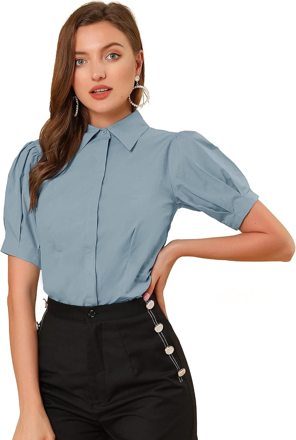 Allegra K Women's Puff Sleeve Collared Cotton Work Office Button Down Shirt