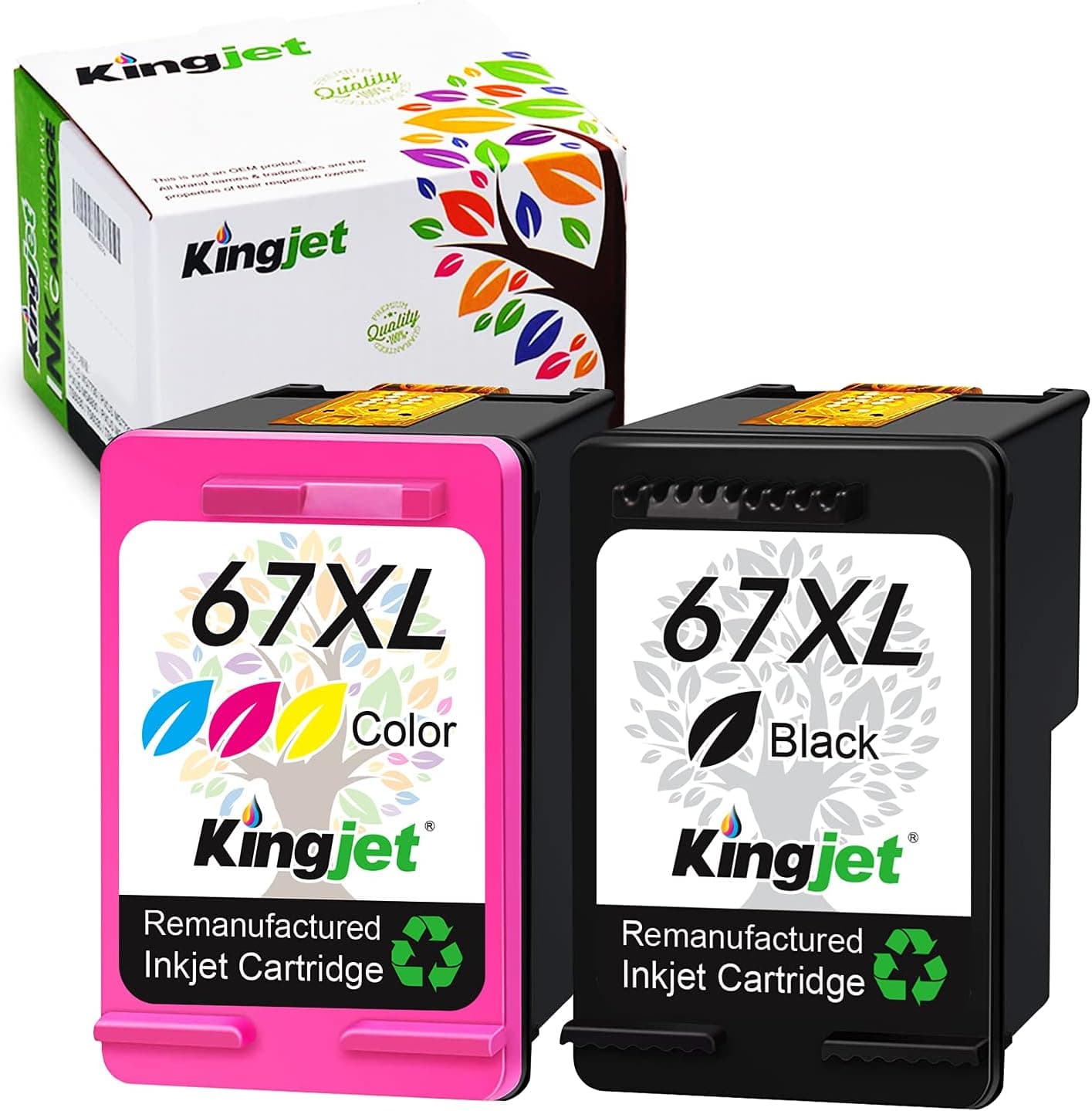 Kingjet Remanufactured 67XL Ink Cartridge Replacement for HP 67 67XL Work with DeskJet 2710 2722 2723 2732 2752 2755 DeskJet Plus 4100 4152 4155 Envy 6052 6058 6075 Printer (1 Black, 1 Tri-Color)