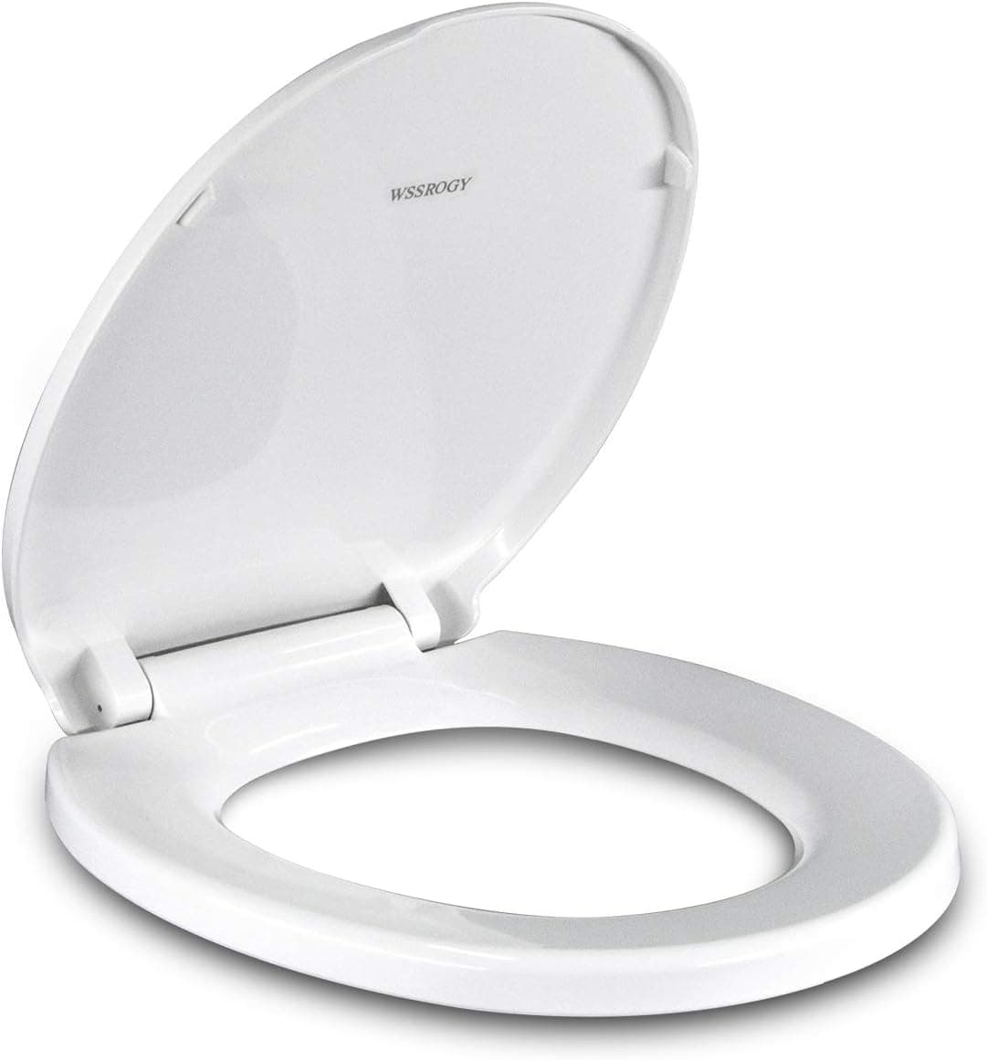 Toilet Seat Round with Non-Slip Seat Bumpers, Universal Quiet-Close Toilet Lid, Never Loosen and Easy to Install, Durable Plastic, White, Fits Standar