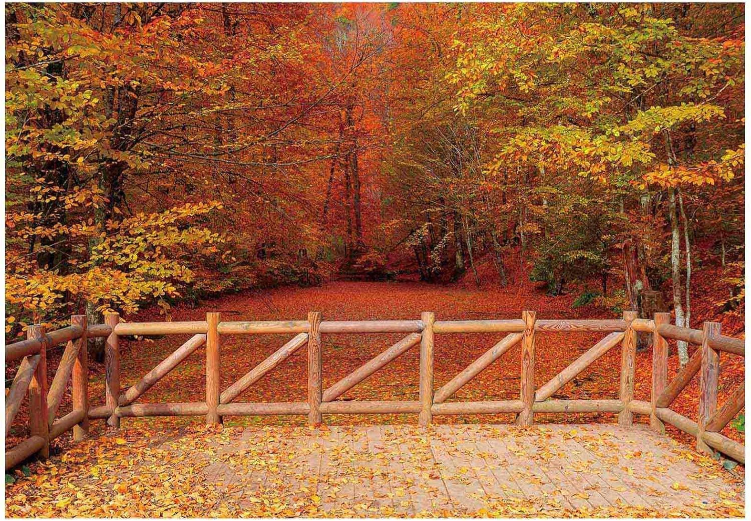 Funnytree 7x5FT Autumn Backdrop Fall Scenery Forest Colorful Leaves Falling Down Season Wooden Bridge Background Fall in Love Wedding Birthday Party Decor Banner Favors Gifts Photobooth Props