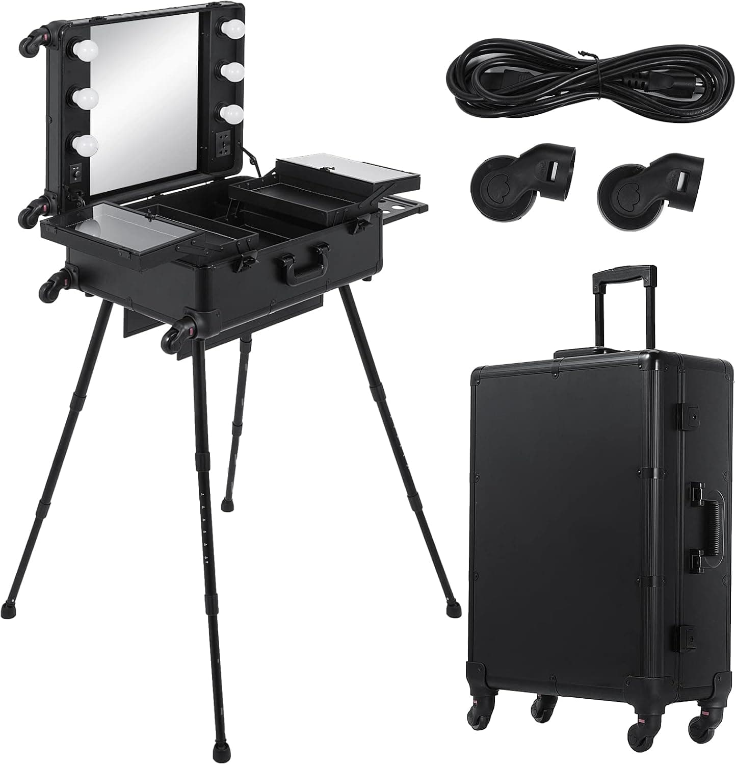 Happybuy Rolling Makeup Case 28"x21"x54" with LED Light Mirror Adjustable Legs Lockable Train Table Studio Artist Cosmetic