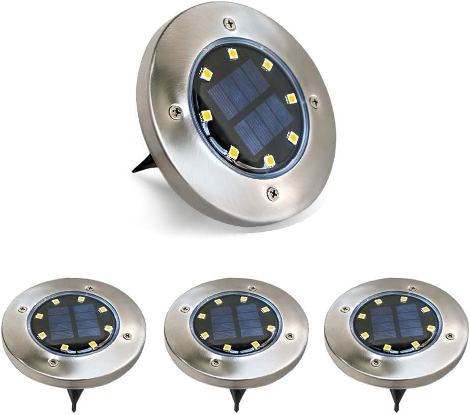 Solar Ground Disk Lights Outdoor Set of 4，Solar Powered led Ground spot Light Decorative Waterproof with Light Sensor for Pathway, sidewalkYard, Driveway, Garden and Landscape (White)