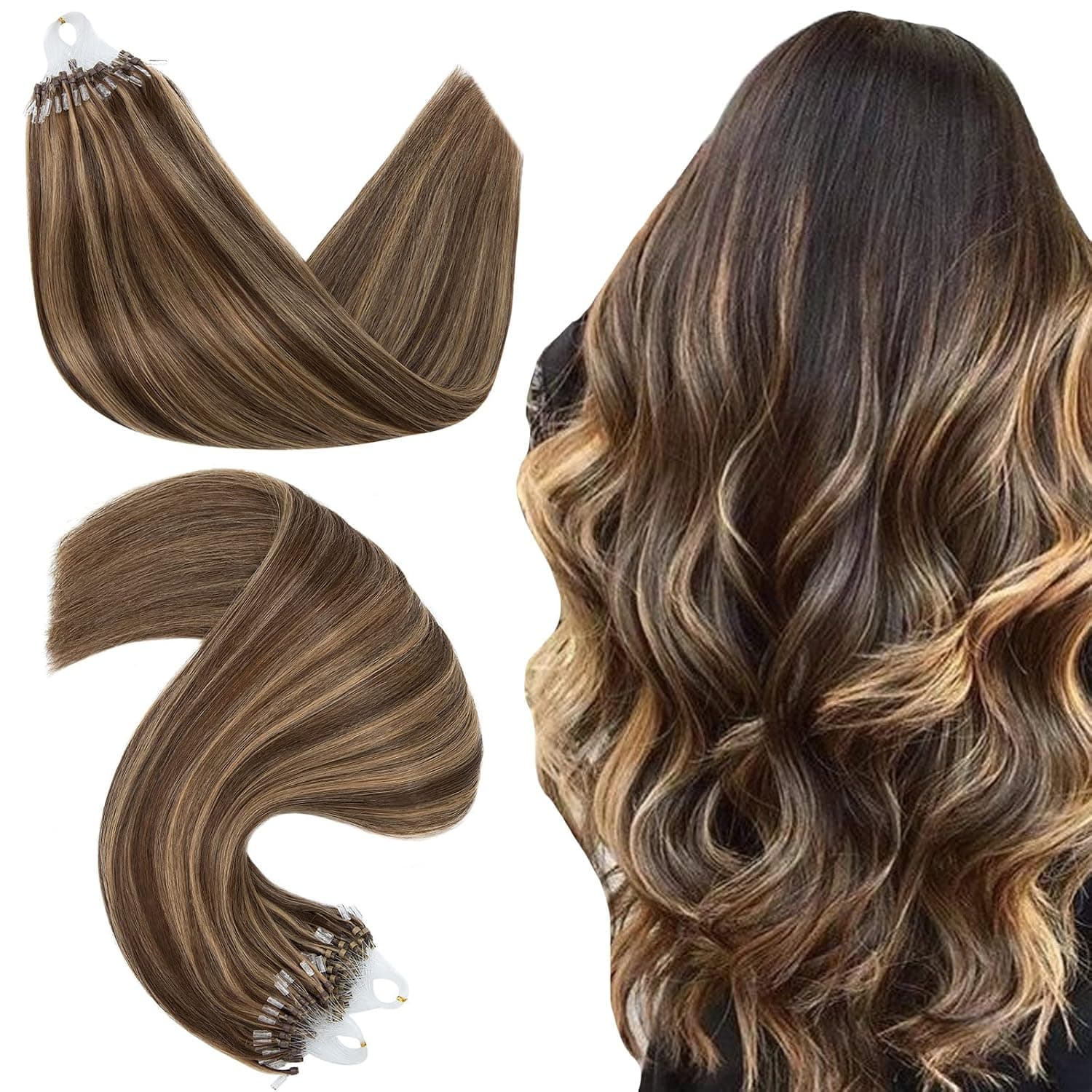 Hairro Microlinks Hair Extensions Highlighted Balayage Micro Bead Ring Loop Tipped Hair Seamless Straight Real Human Hair For Women 18 Inch 50g 50 Strands #4P27 Medium Brown mix Dark Blonde