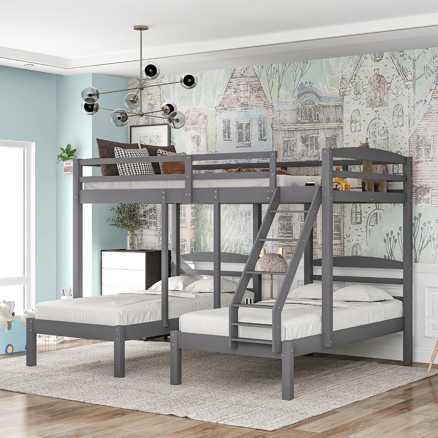 Merax Wood Triple Bunk Bed Frame with Drawers and Guardrails, No Box Spring Needed, Gray