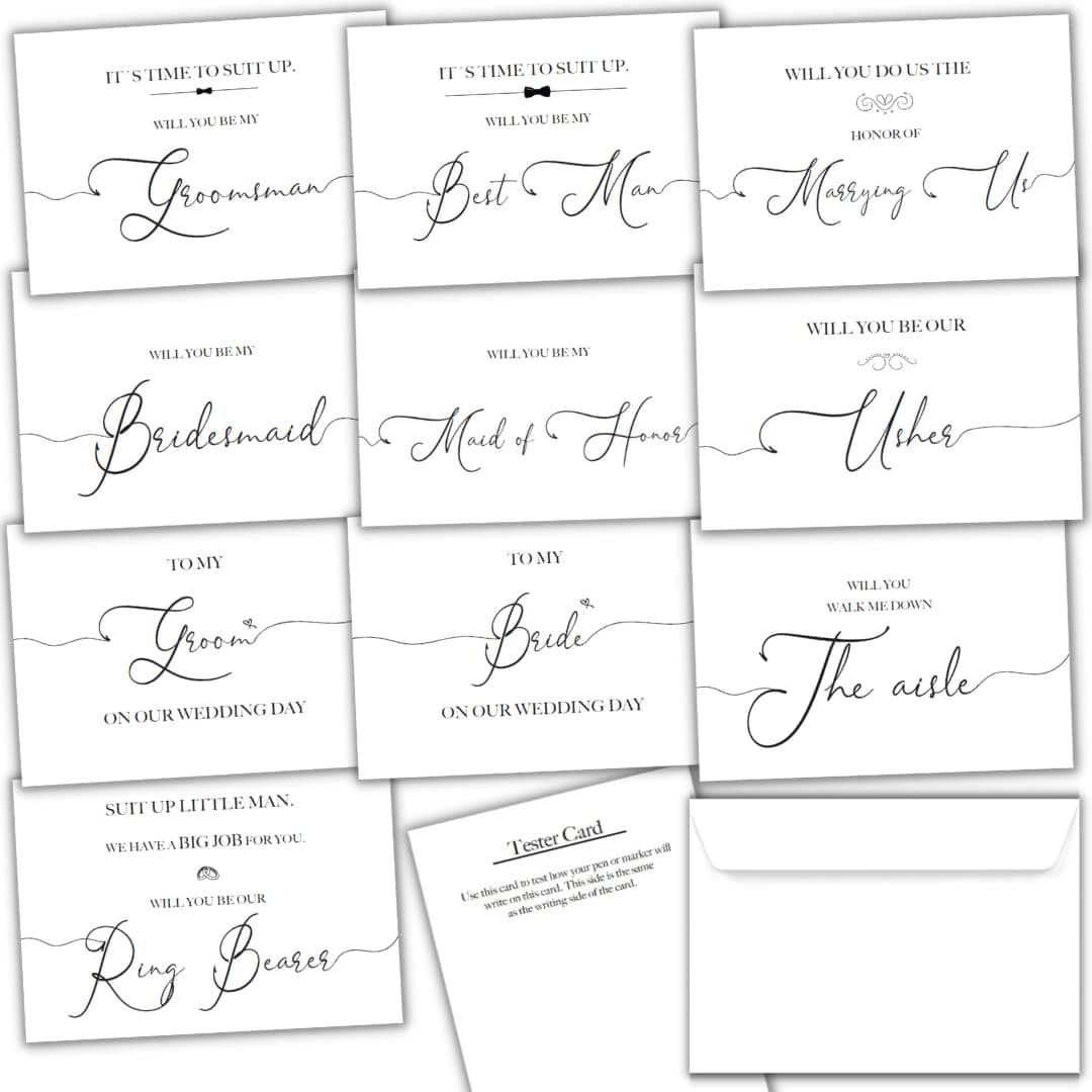 26 Pack Will You Be My Bridesmaid, Maid of Honor Card Set Including Officiant Proposal Card, Will You Be My Ring Bearer, Will You Be Our Usher, Will You Be My Groomsman, Best Man, Will You Walk Me Down the Aisle Card (Bride Groom Mega Pack All White)