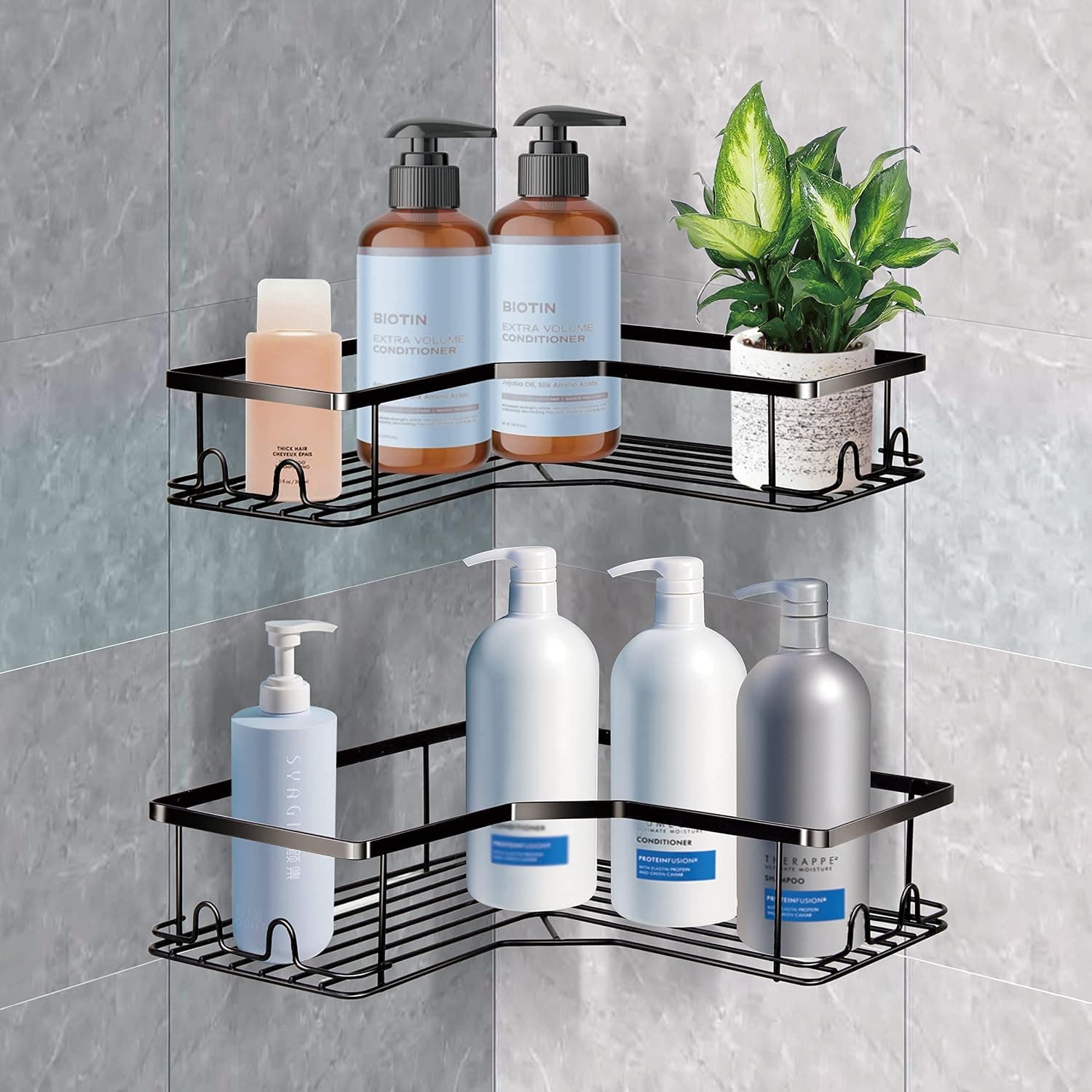 Corner Shower Caddy, 2-Pack Shower Organizer with 8 Hooks, Rustproof/No Drilling Shower shelves，wall-mounted Shower shelf with Adhesive, for Bathroom (Matte Black)