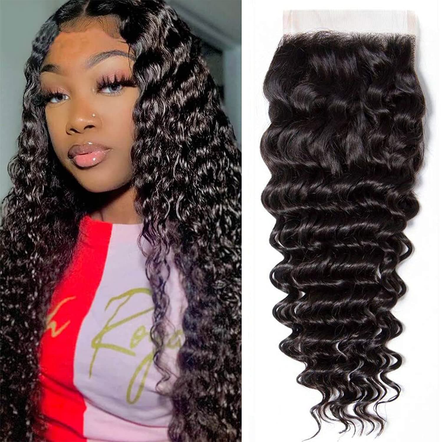 Deep Wave 4x4 Lace Closure Pre Plucked Transparent Brazilian Human Hair Closure With Baby Hair Top Swiss Lace Closure Free Part Natural Black 20inch