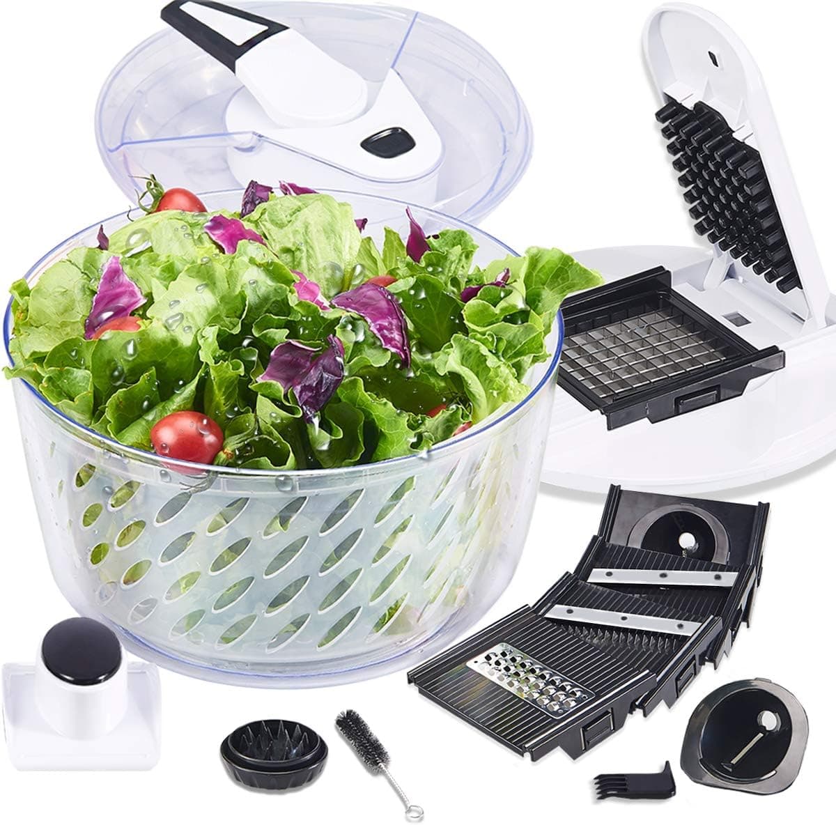 FAVIA Salad Spinner Large 6 Quart for Lettuce Herbs Washer Quick Dryer with Vegetable Chopper Set Multifunctional Kitchen Gadgets BPA Free Dishwasher Safe